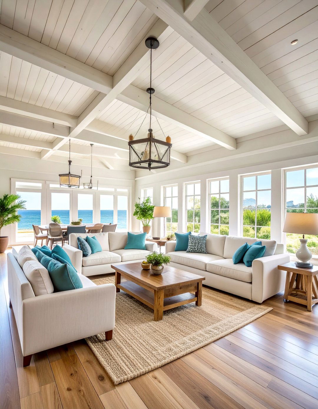 Whitewashed Wood Ceiling with Exposed Beams - 25 Beach House Decor Ideas