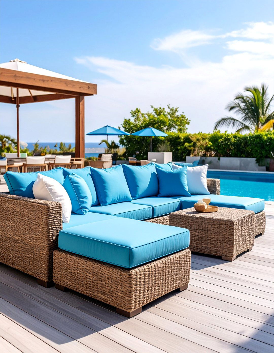 Wicker Pool Sectional with Coastal Color Palette - 25 Pool Furniture Ideas