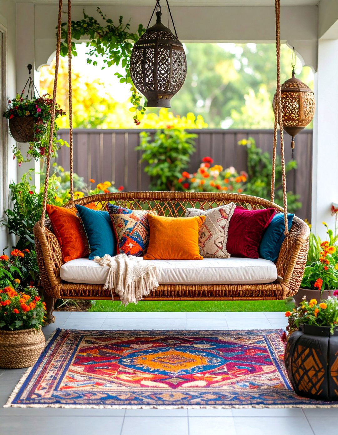 Wicker Porch Swing with Bohemian Textiles - 25 Front Porch Swing Ideas