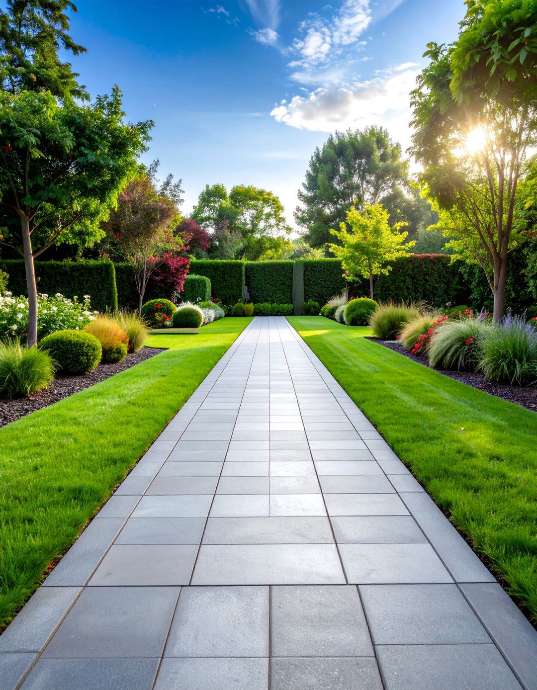 Wide Grey Paver Walkway with Central Grass Strip - 25 Grey Paver Walkway Ideas