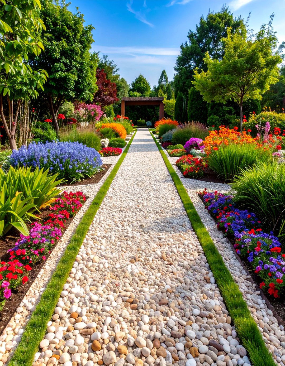 Wide Pea Gravel Walkway with Central Planting Strip - 25 Pea Gravel Walkway Ideas