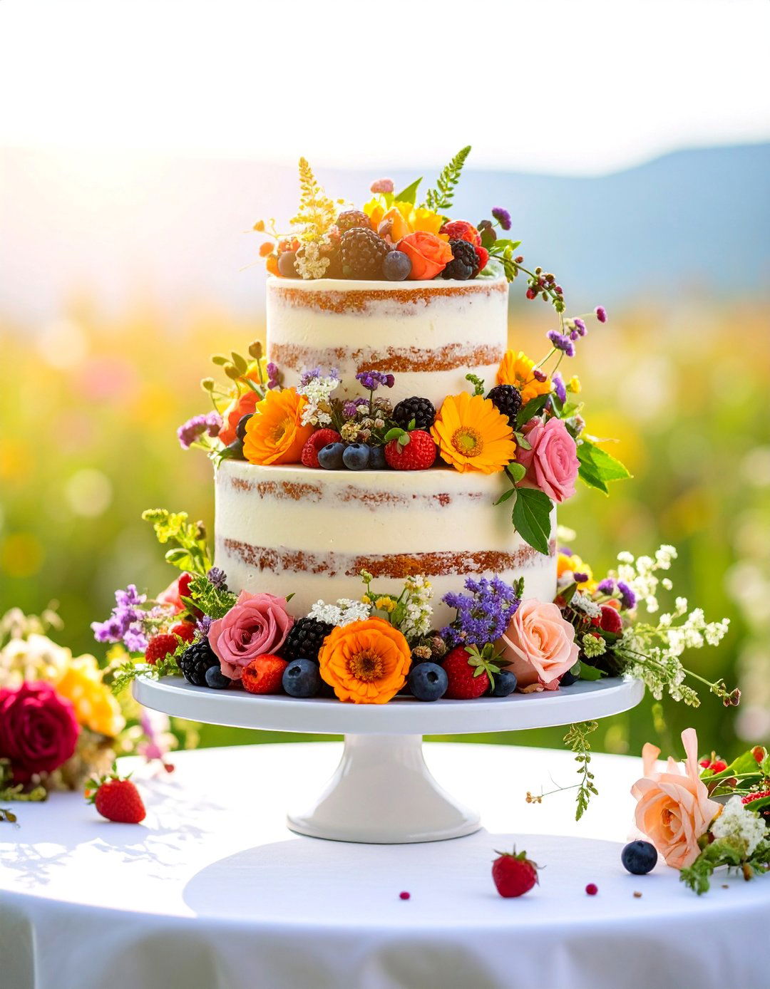 Wildflower Meadow Naked Cake with Natural Arrangements - 25 Naked and Semi-naked Wedding Cake Ideas