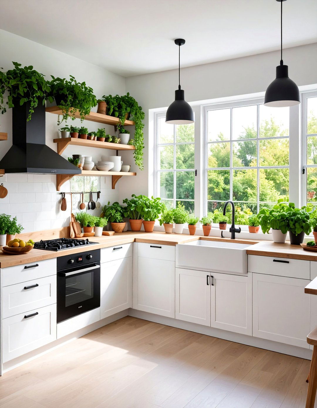 Window Garden Shelf with Natural Light Maximization - 25 Small Kitchen with Black Appliances Ideas