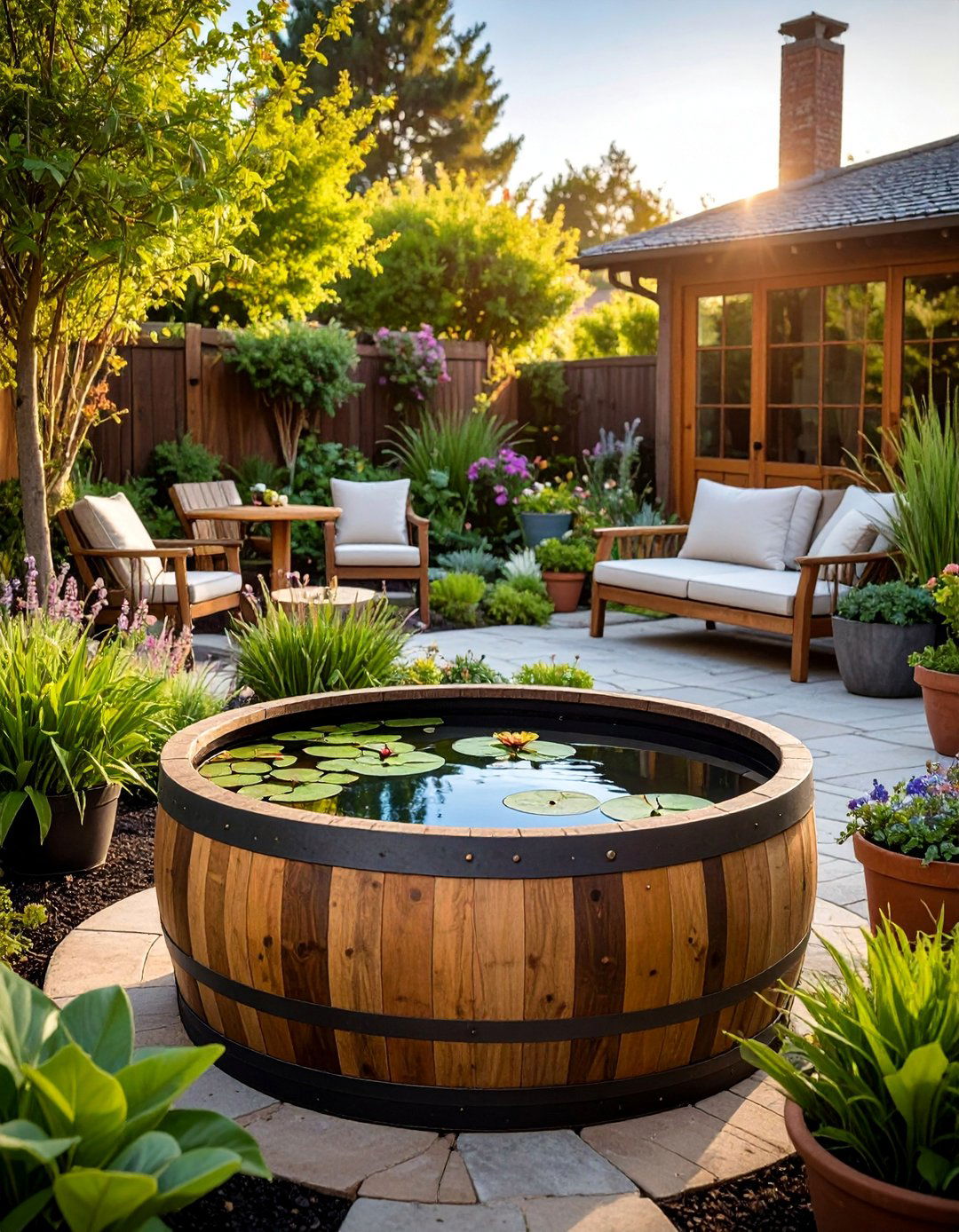 Wine Barrel Water Garden - 25 Budget Small Garden Ideas