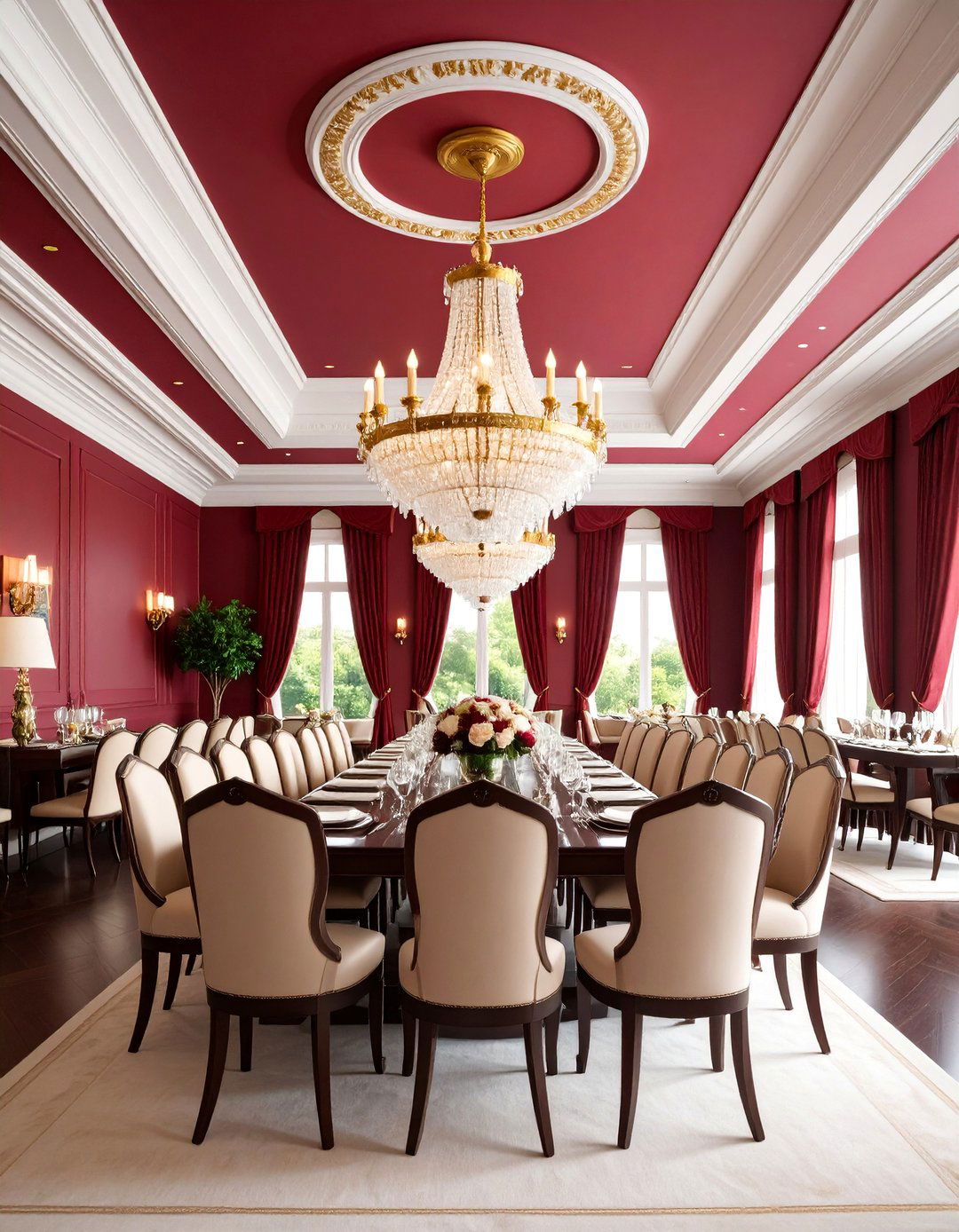Wine Red Accent Ceiling Treatment - 25 Red Dining Room Ideas