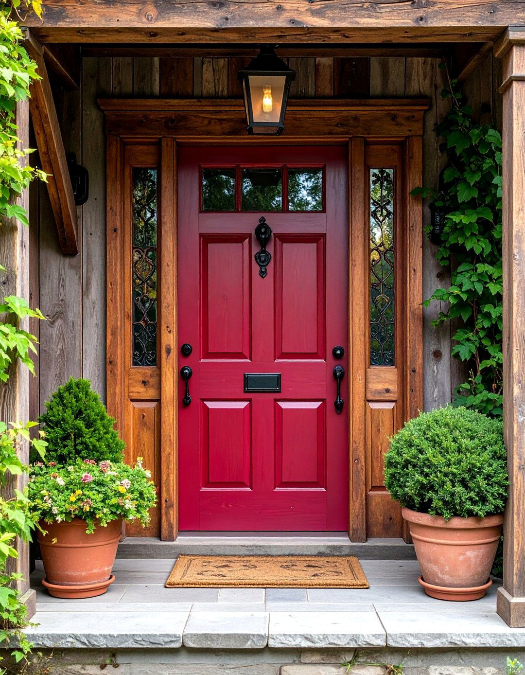 Wine Red Door with Rustic Reclaimed Wood Elements - 25 Dark Red Front Door Ideas