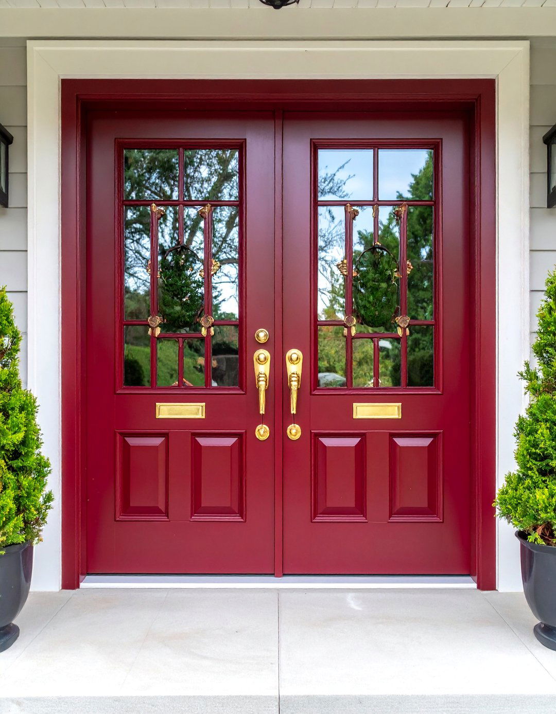 Wine Red Double Doors with Glass Panels - 25 Dark Red Front Door Ideas