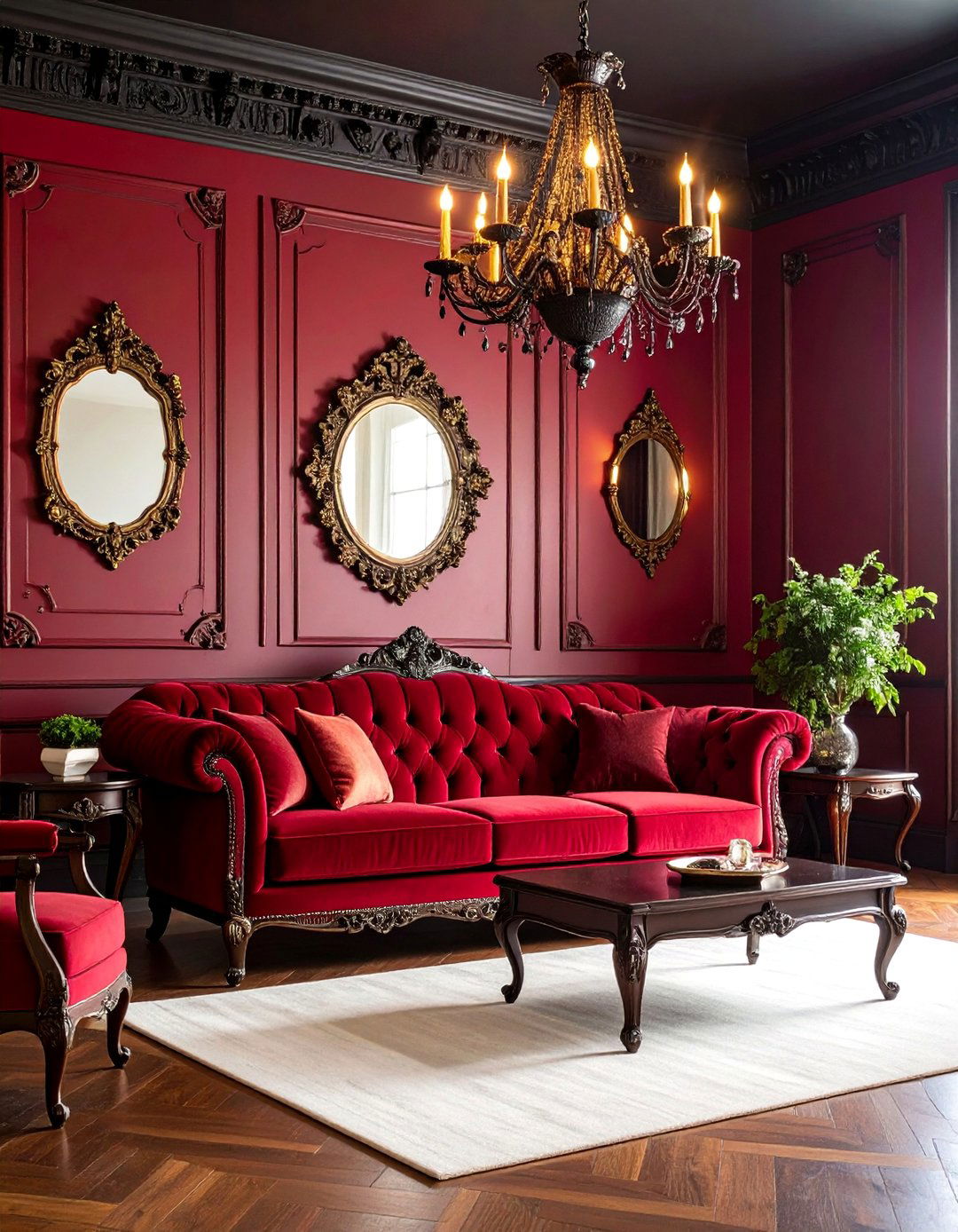 Wine Red and Dark Wood Gothic Living Room - 25 Moody Living Room Ideas