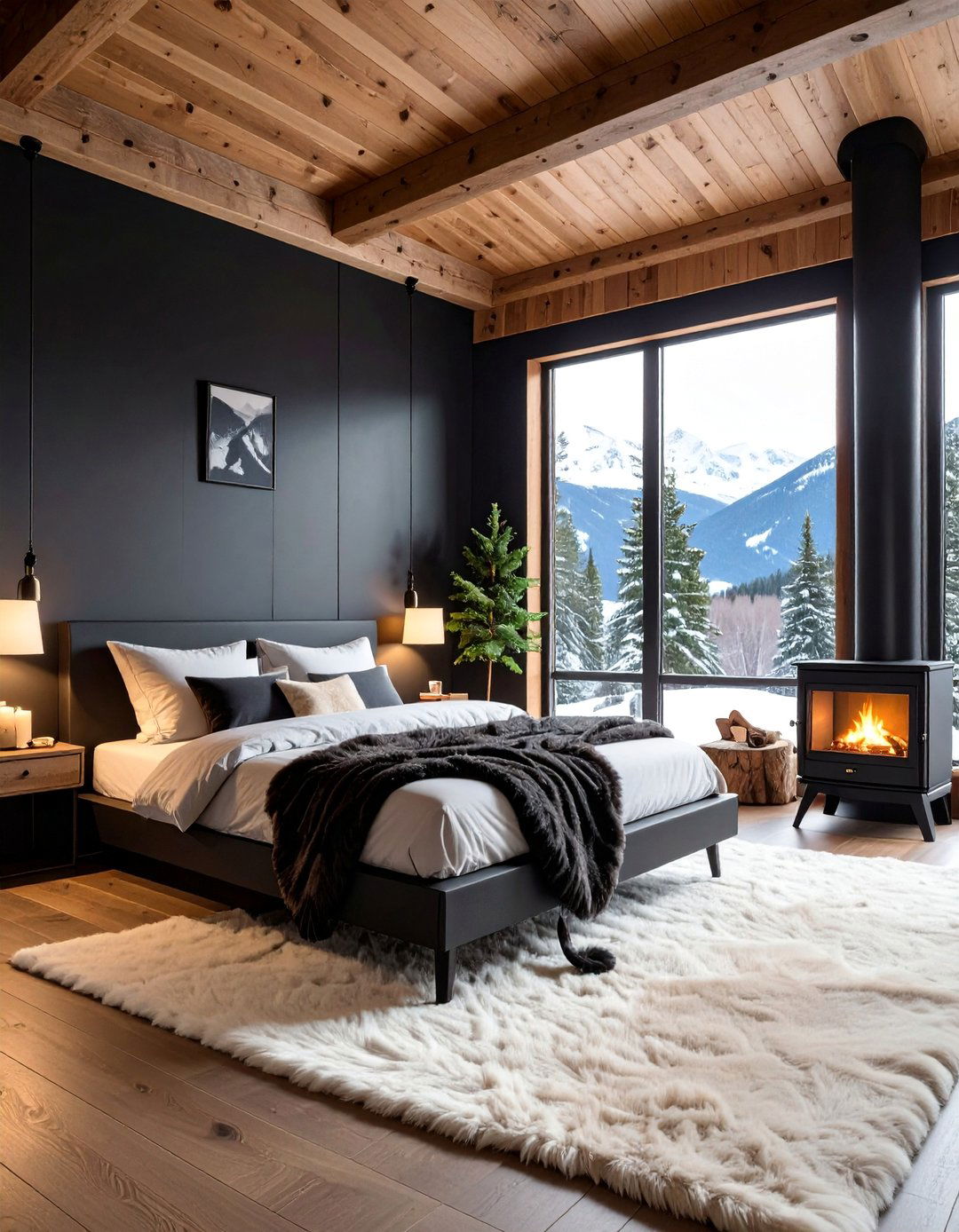 Winter Chalet Matte Black Bedroom with Faux Fur Warmth - 25 Matte Black Bedroom Ideas