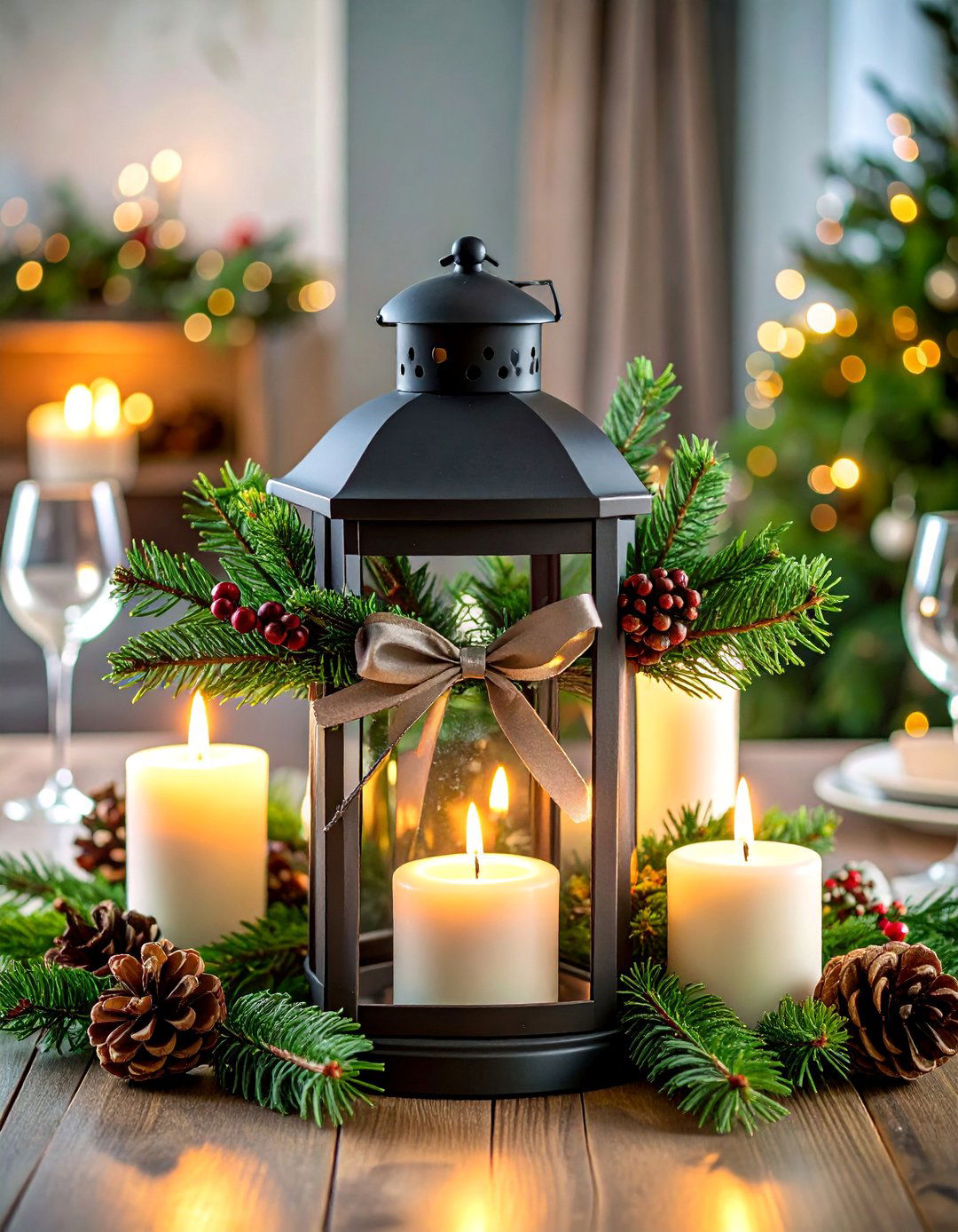 Winter Evergreen Holiday Lantern Centerpiece - 25 Lantern Centerpiece Ideas