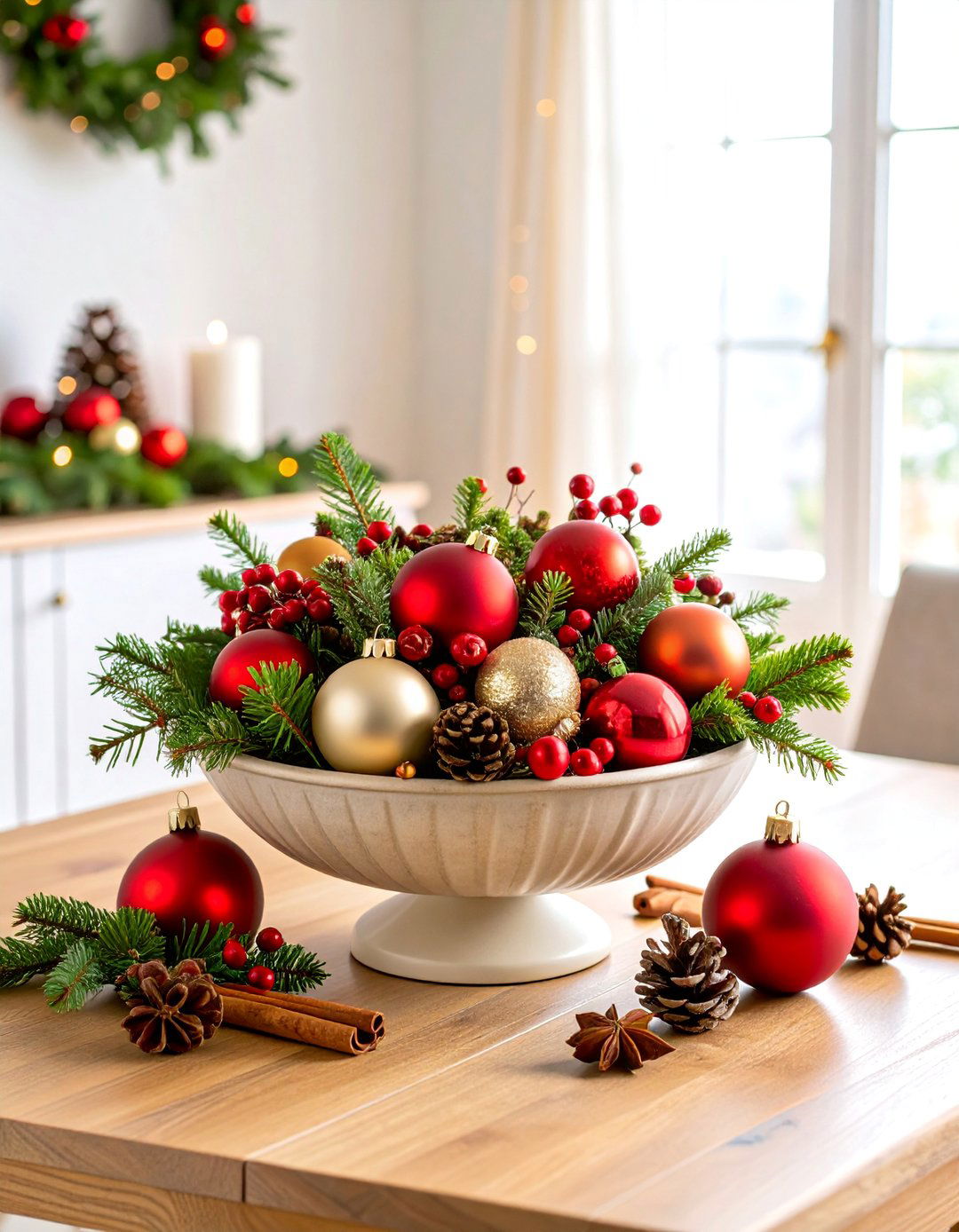 Winter Holiday Ornament Display with Evergreen Sprigs - 25 Dough Bowl Decor Ideas