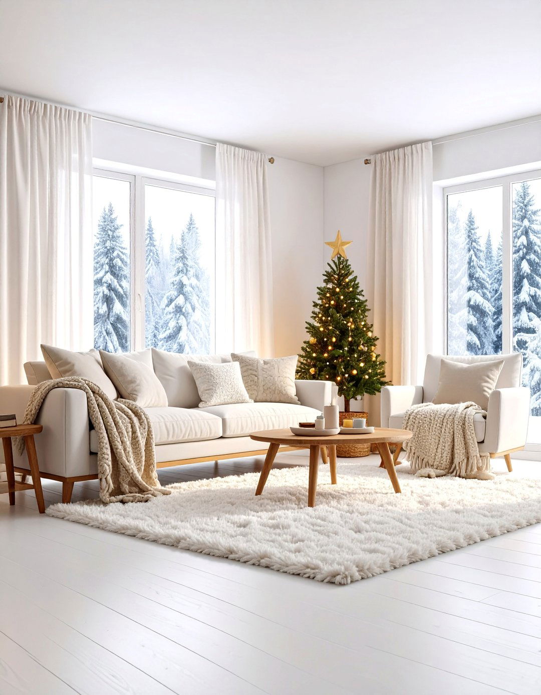 Winter Wonderland Living Room with White on White Layering - 25 Scandinavian Living Room Ideas