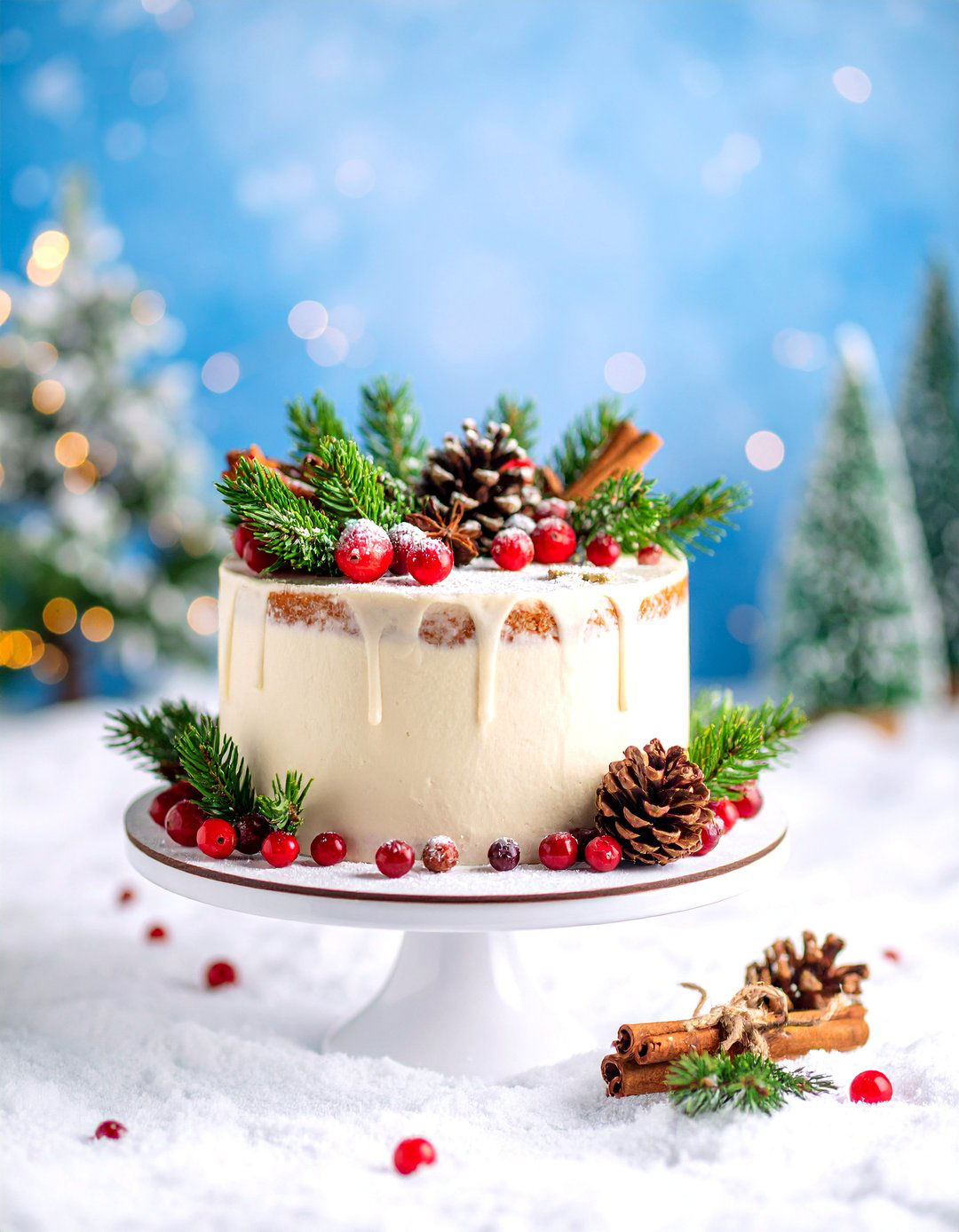 Winter Wonderland Naked Cake with Evergreen Elements - 25 Naked and Semi-naked Wedding Cake Ideas