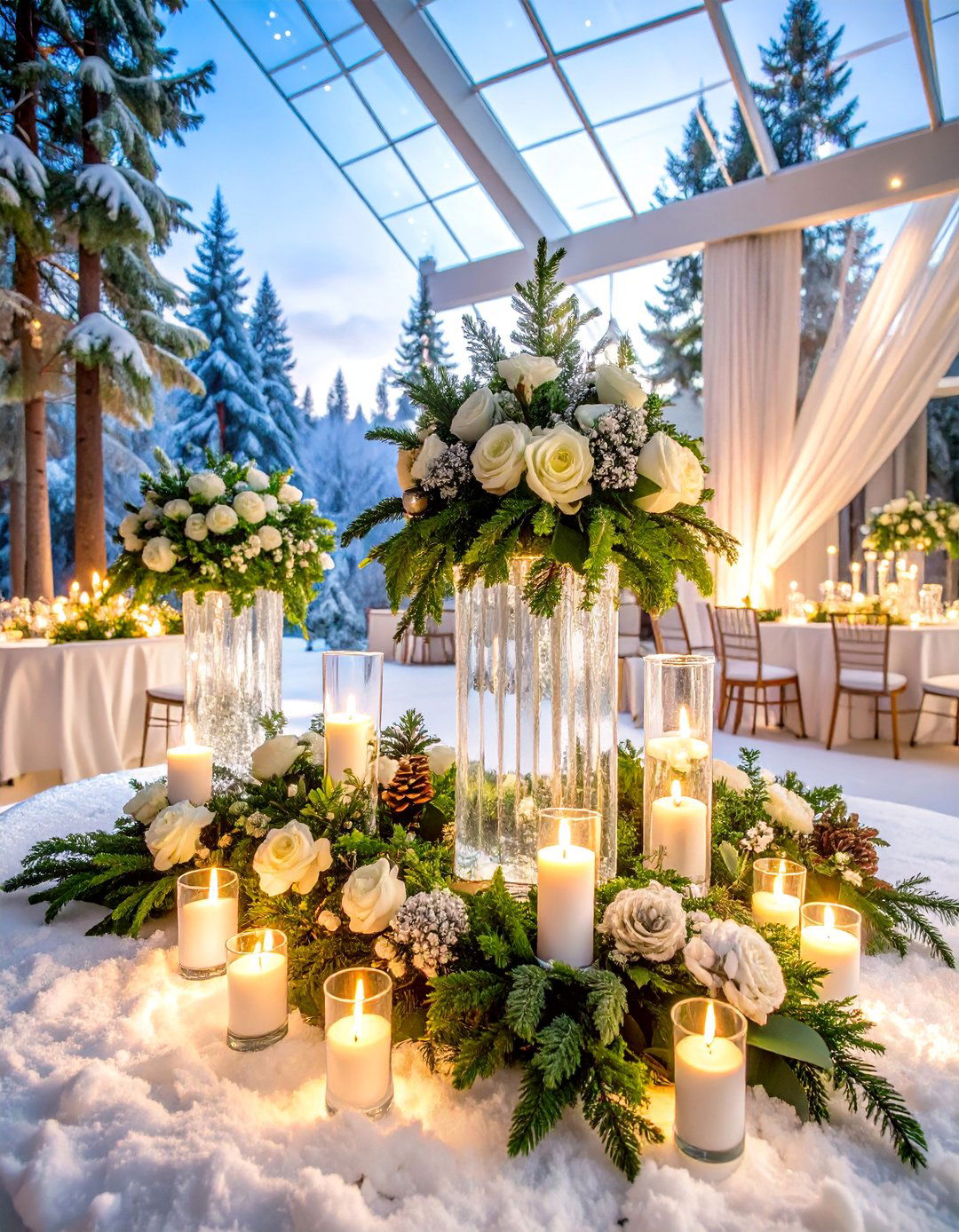Winter Wonderland with Evergreen and Crystal Ice - 25 Wedding Table Decoration Ideas