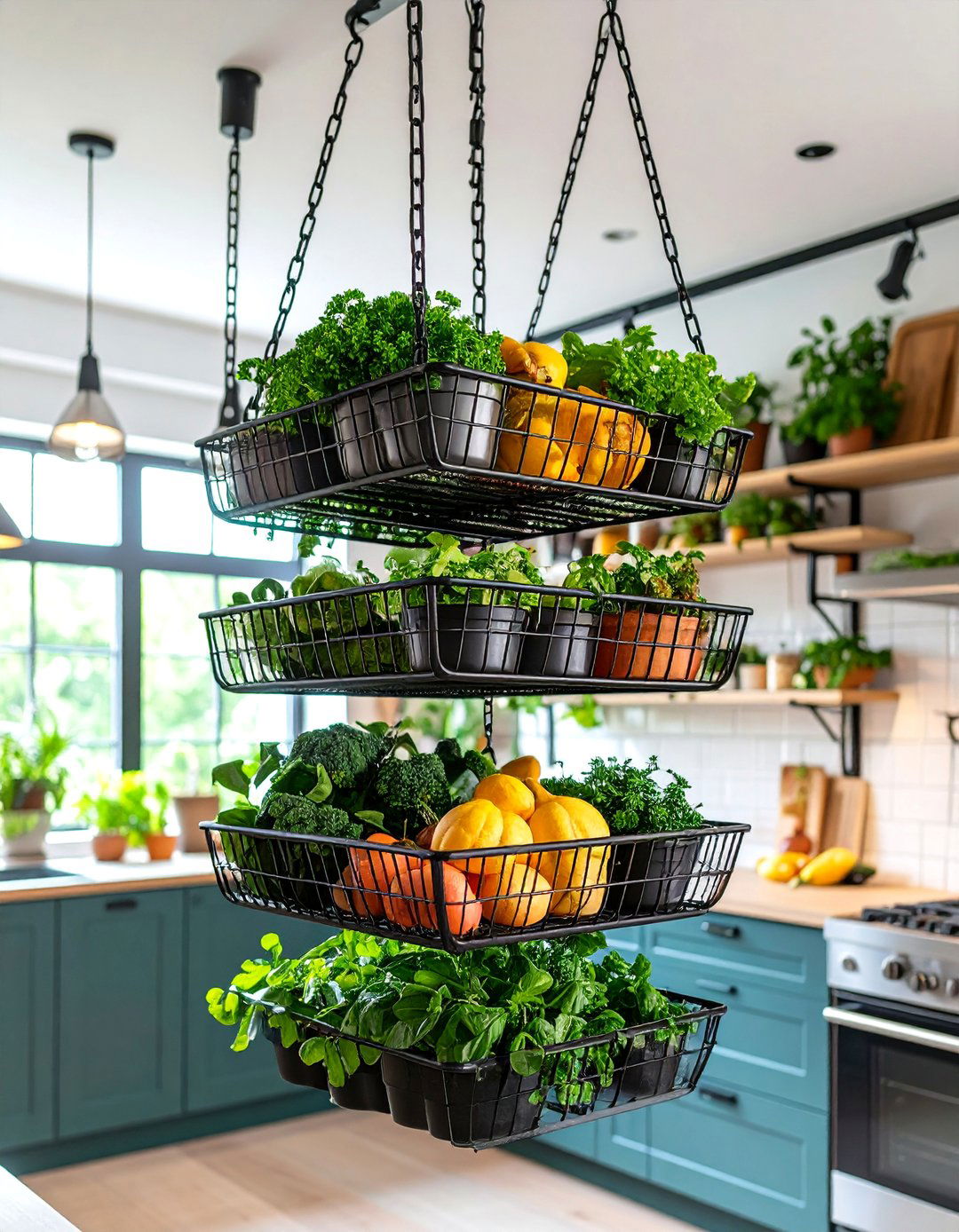 Wire Basket Hanging Kitchen Storage - 25 Small Kitchen Ideas on a Budget