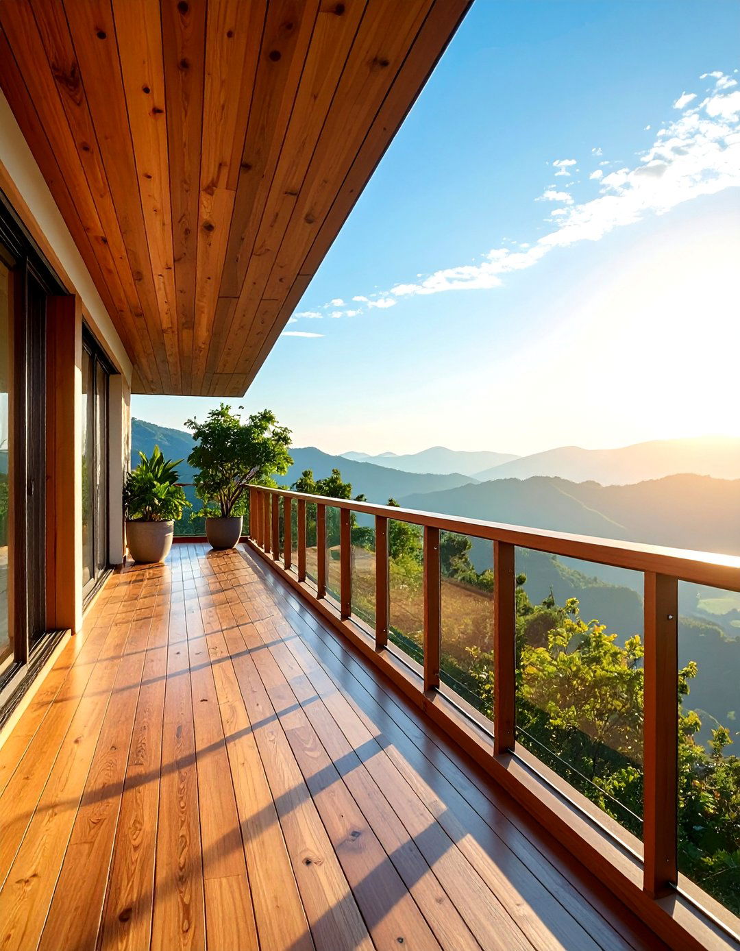 Wood Accented Glass Balcony with Natural Warmth - 25 Glass Balcony Design Ideas