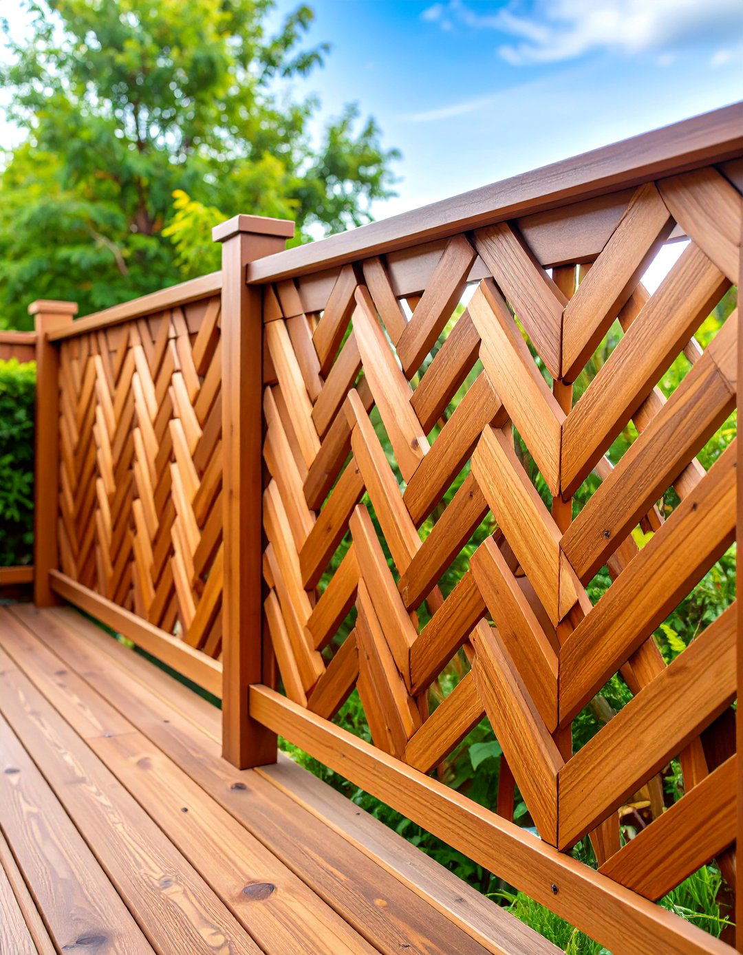 Wood Deck Railing with Herringbone Pattern Infill - 25 Wood Deck Railing Ideas