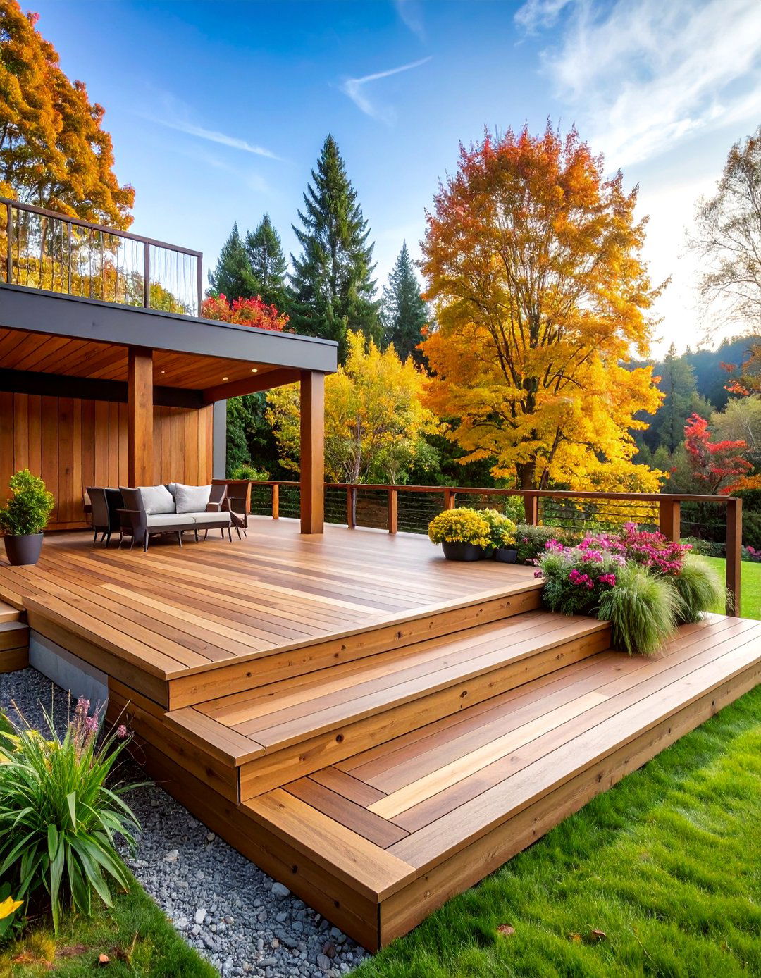 Wood Deck Railing with Multi Level Step Design - 25 Wood Deck Railing Ideas