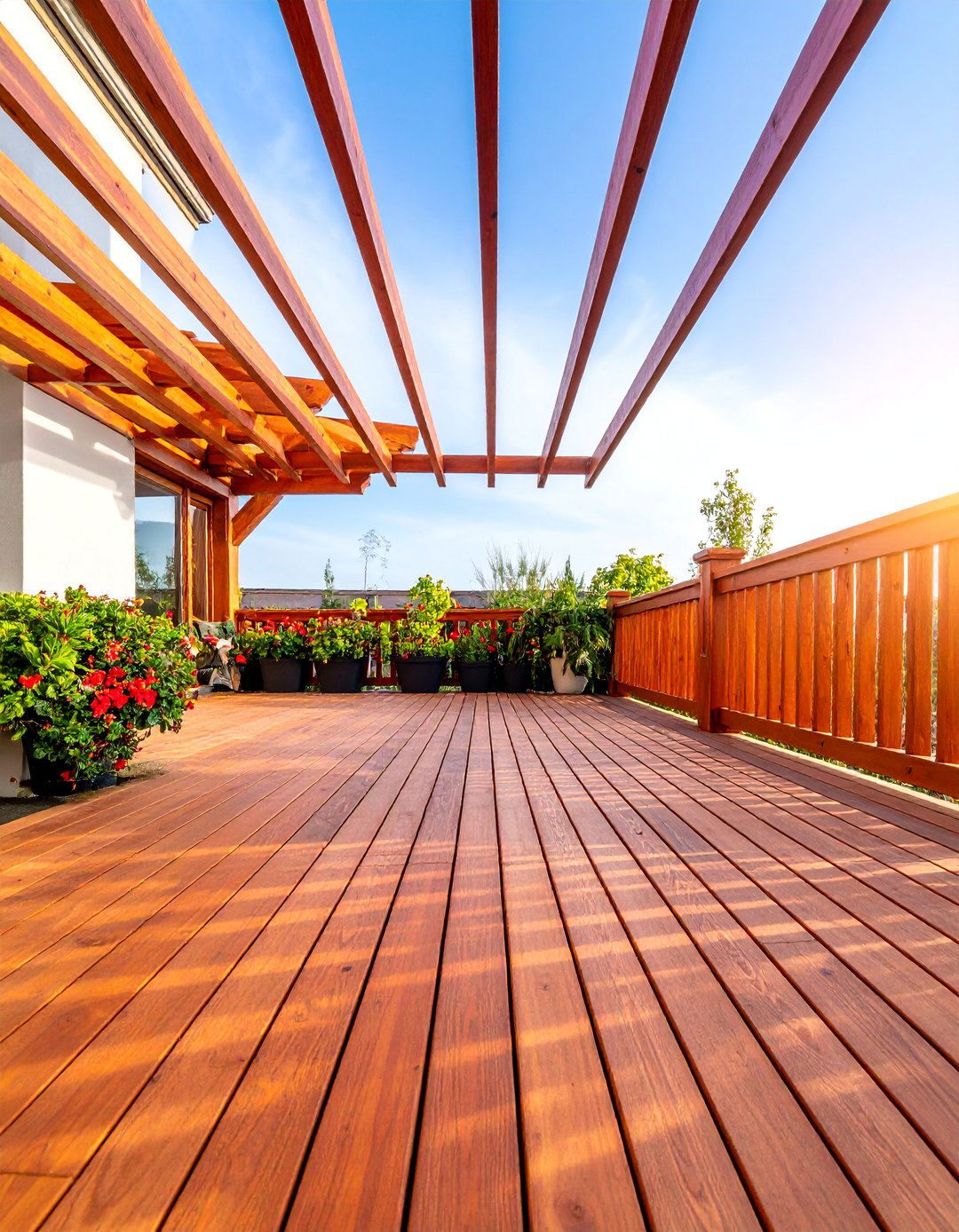 Wood Deck Railing with Sunburst Pattern Design - 25 Wood Deck Railing Ideas