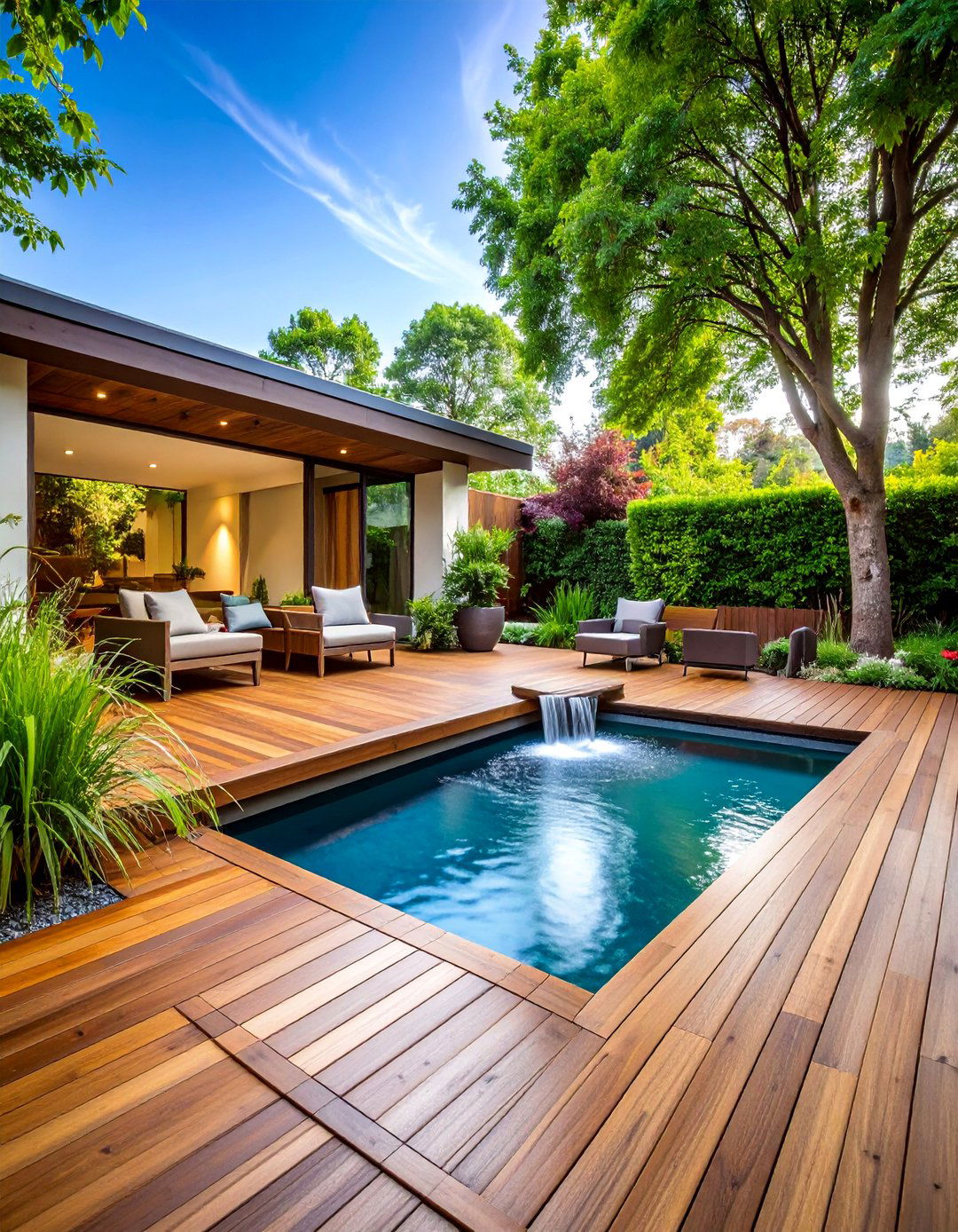 Wood Deck with Water Feature Integration - 25 Wood Deck Ideas