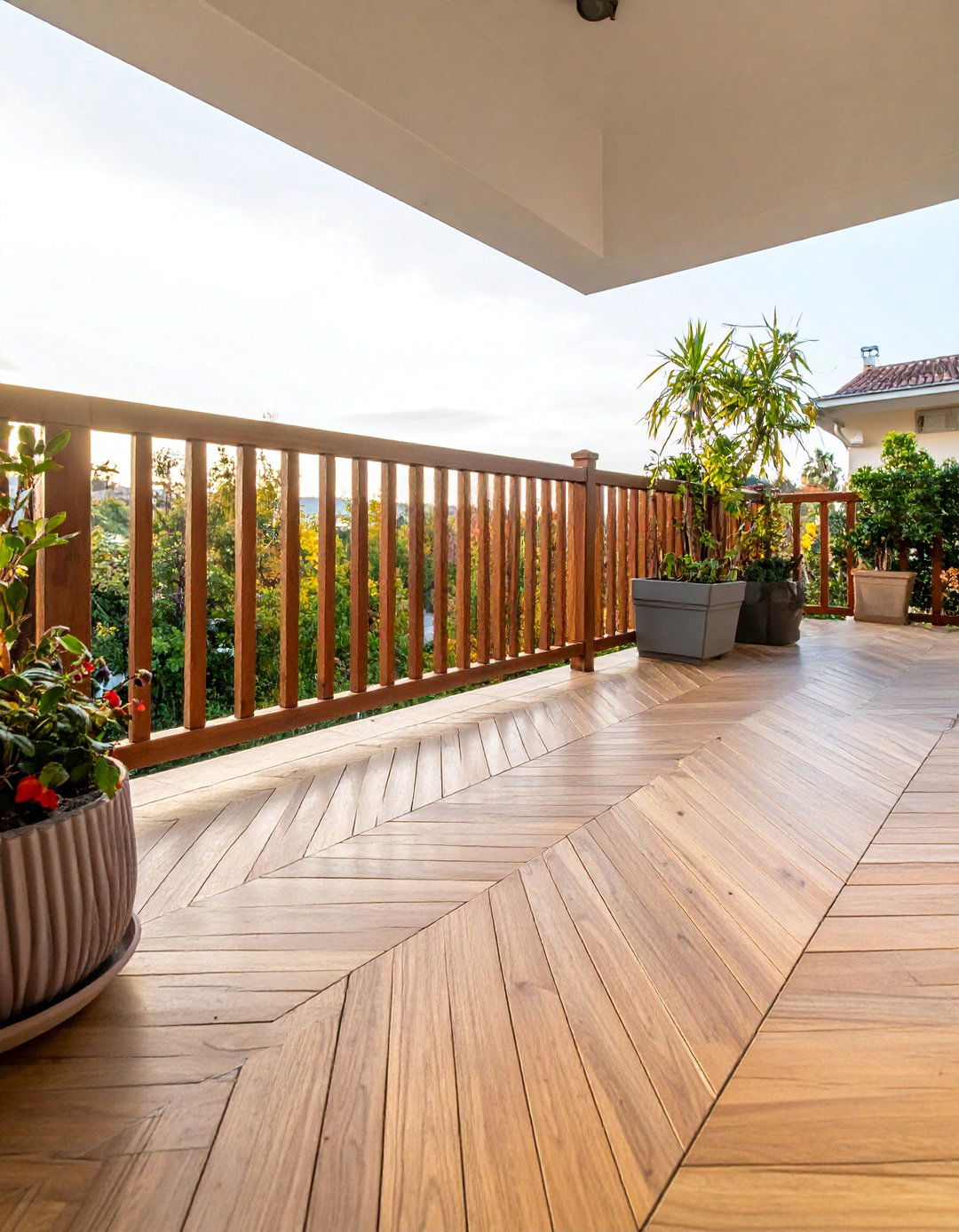 Wood Effect Herringbone Balcony with Timeless Appeal - 25 Balcony Tiles Ideas
