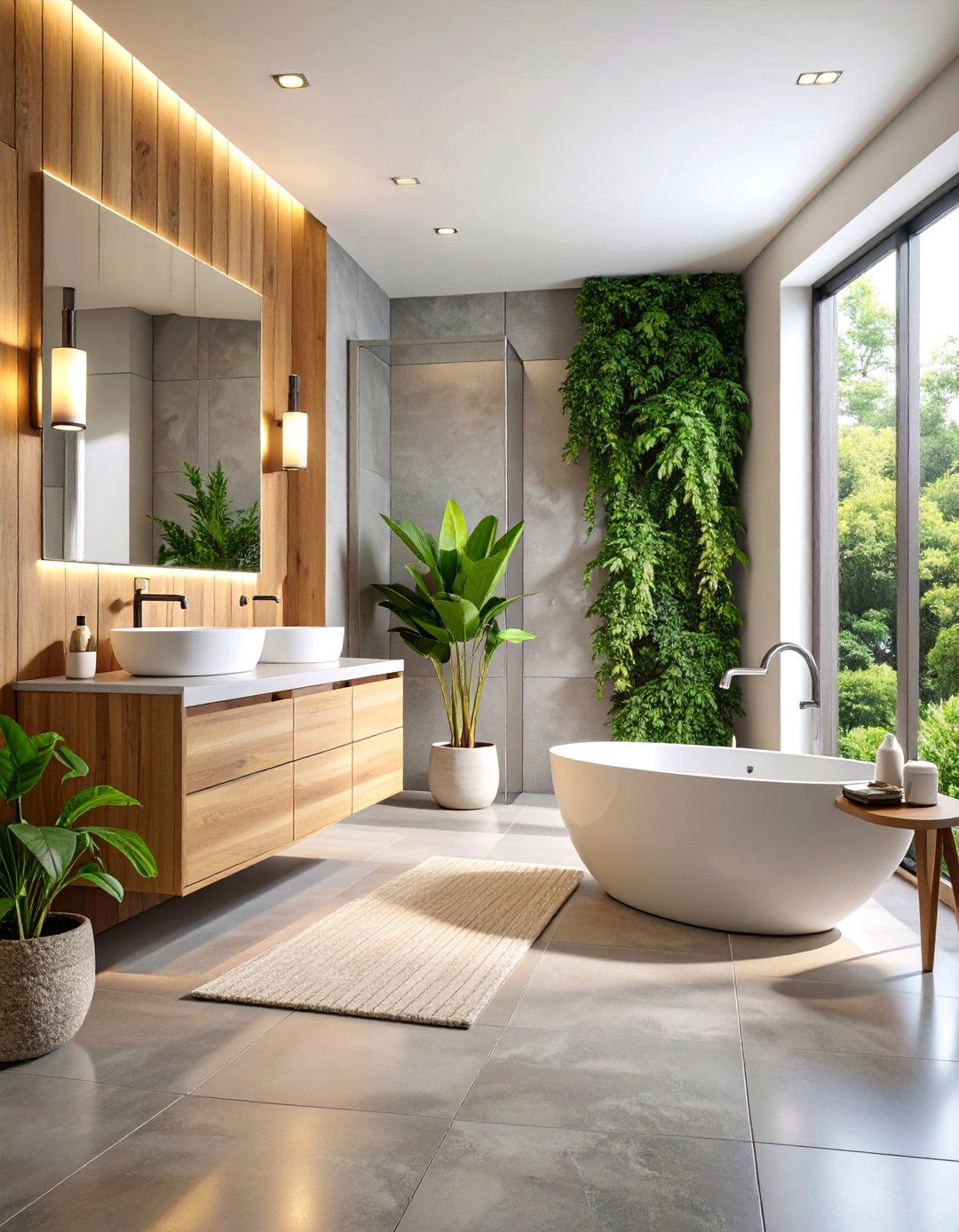 Wood Look Grey Tile with White Ceramic Accents - 25 Grey and White Bathroom Ideas