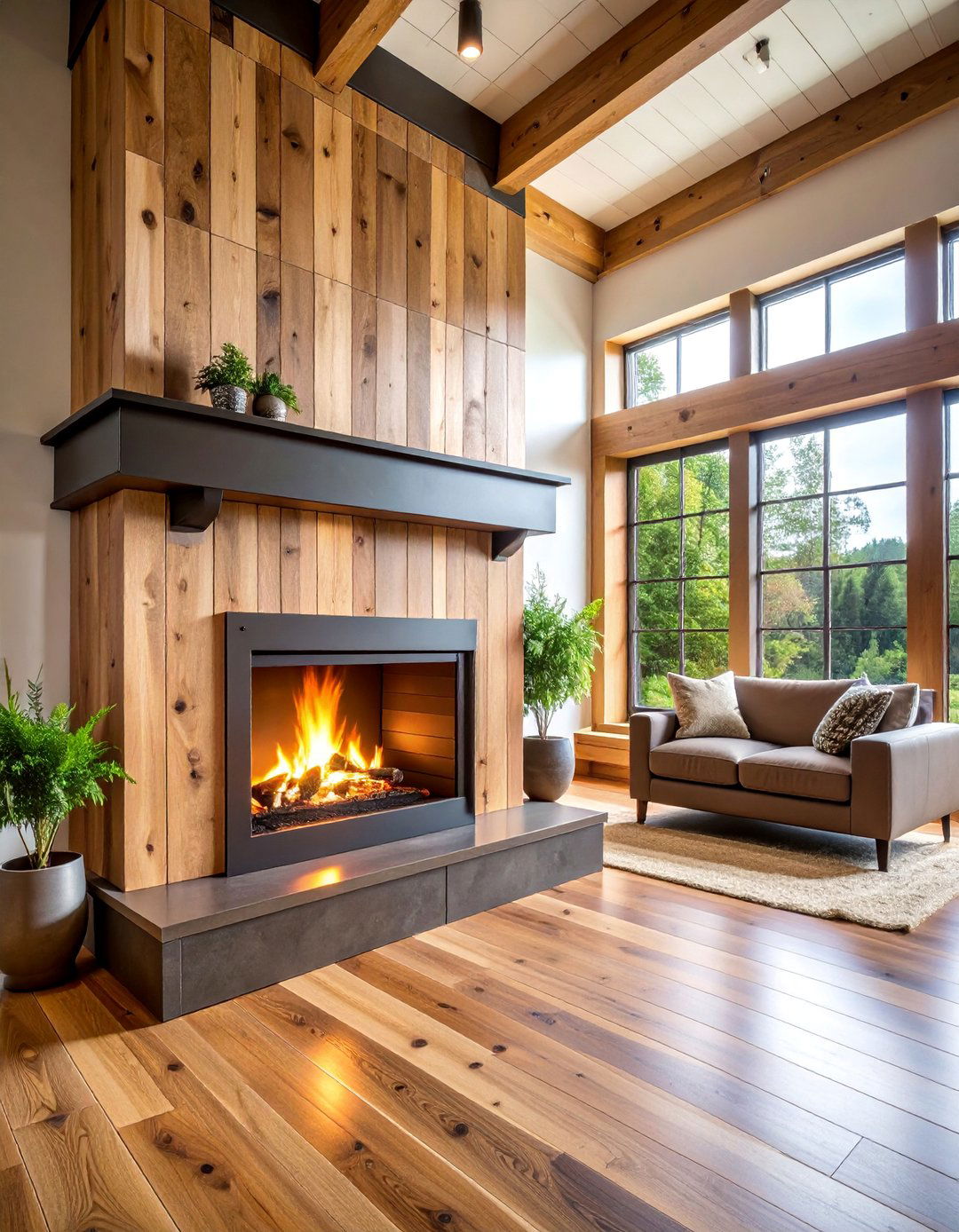 Wood Plank Hearth with Metal Accents - 25 Fireplace Hearth Ideas