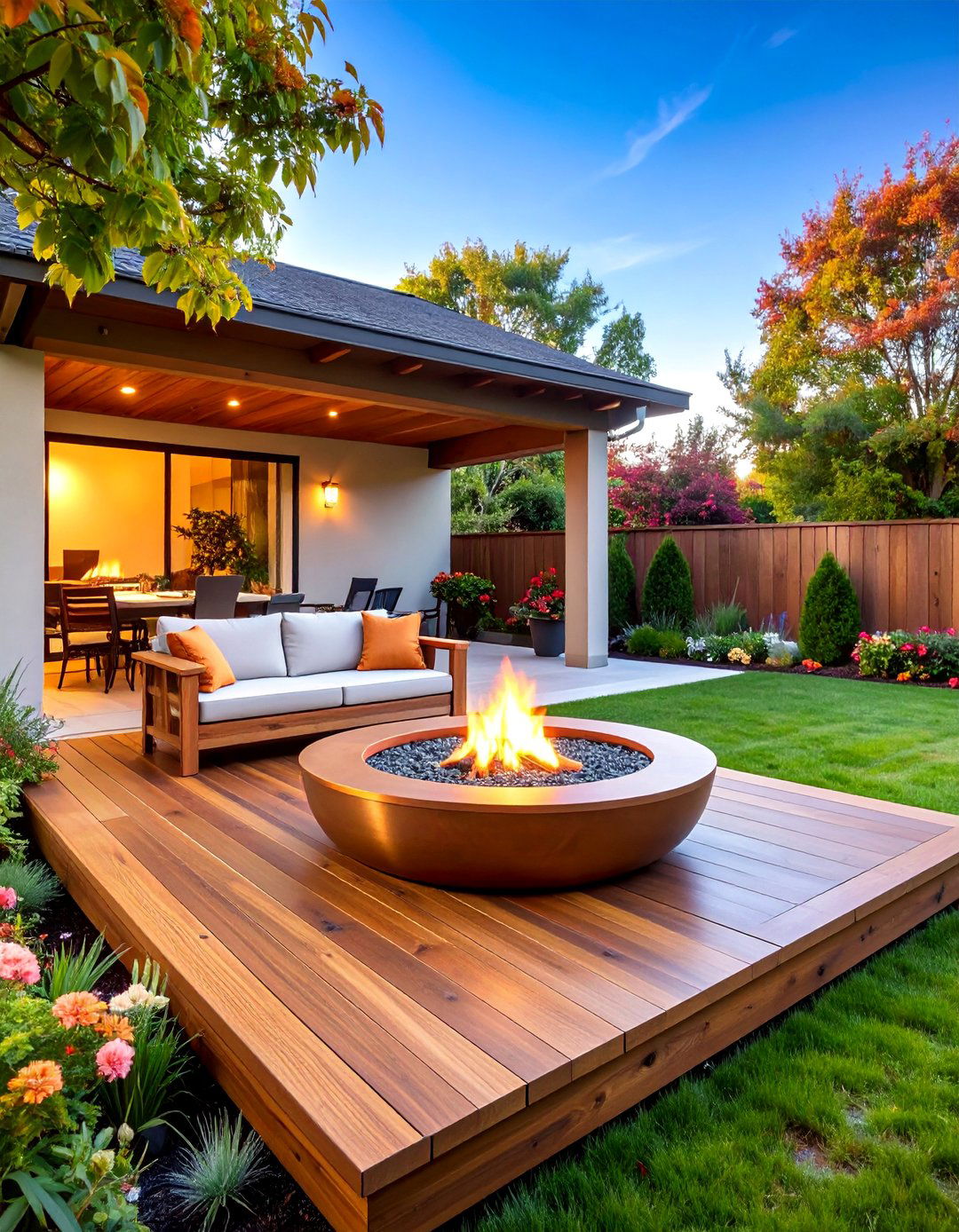 Wood Plank Stamped Concrete with Rustic Fire Bowl - 25 stamped concrete patio with fire pit ideas