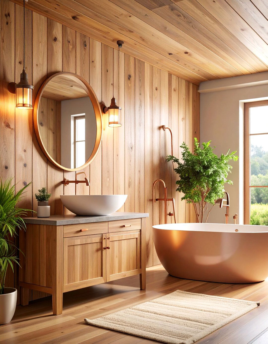 Wood Plank Wall Bathroom with Copper Fixtures - 25 Modern Farmhouse Bathroom Ideas