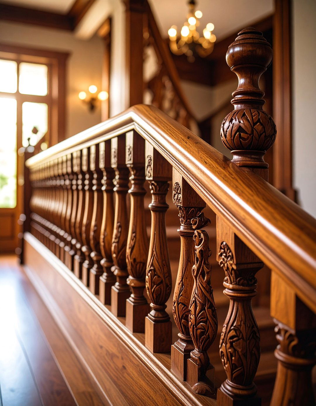 Wood Railing with Artistic Carved Details - 25 Wood Stair Railing Ideas