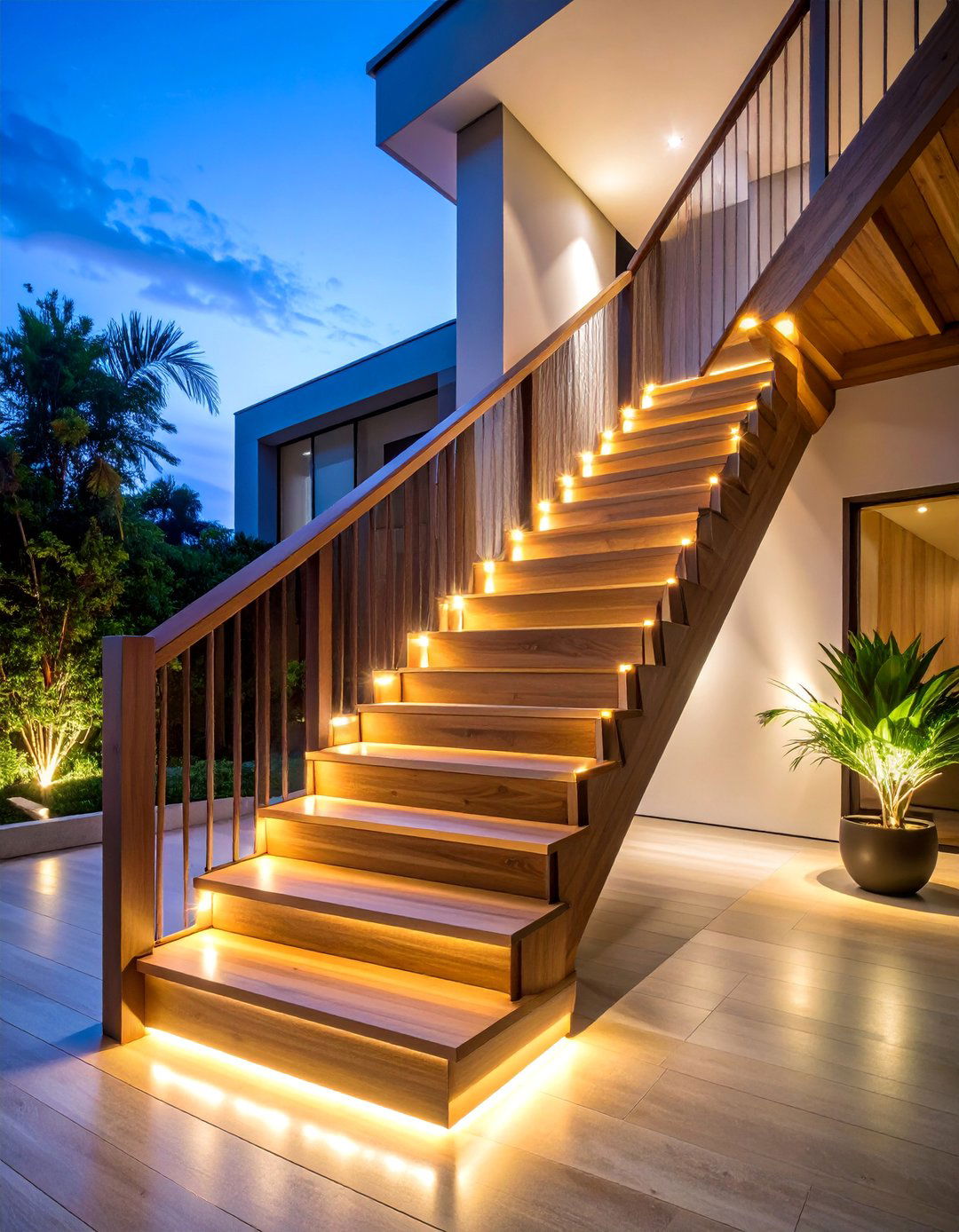 Wood Railing with Built in LED Lighting - 25 Wood Stair Railing Ideas