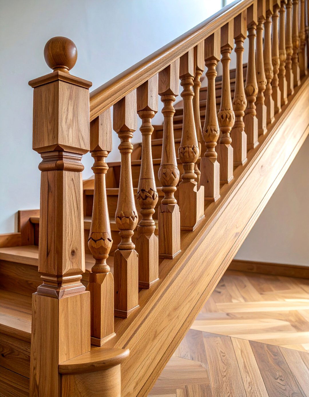 Wood Railing with Geometric Pattern Cutouts - 25 Wood Stair Railing Ideas