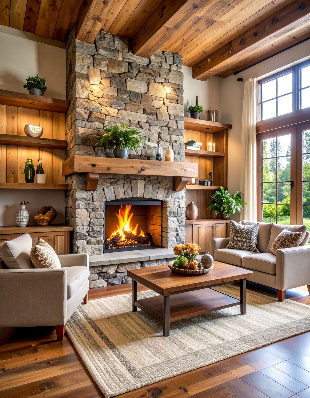 Wood and Stone Fireplace Surround - 25 Wooden Interior Design Ideas