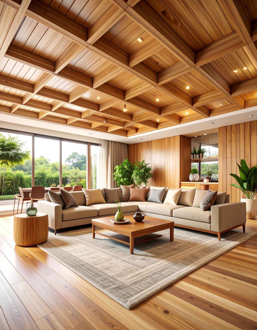 Wooden Coffered False Ceiling with Recessed Lighting - 25 Living Room False Ceiling Design Ideas