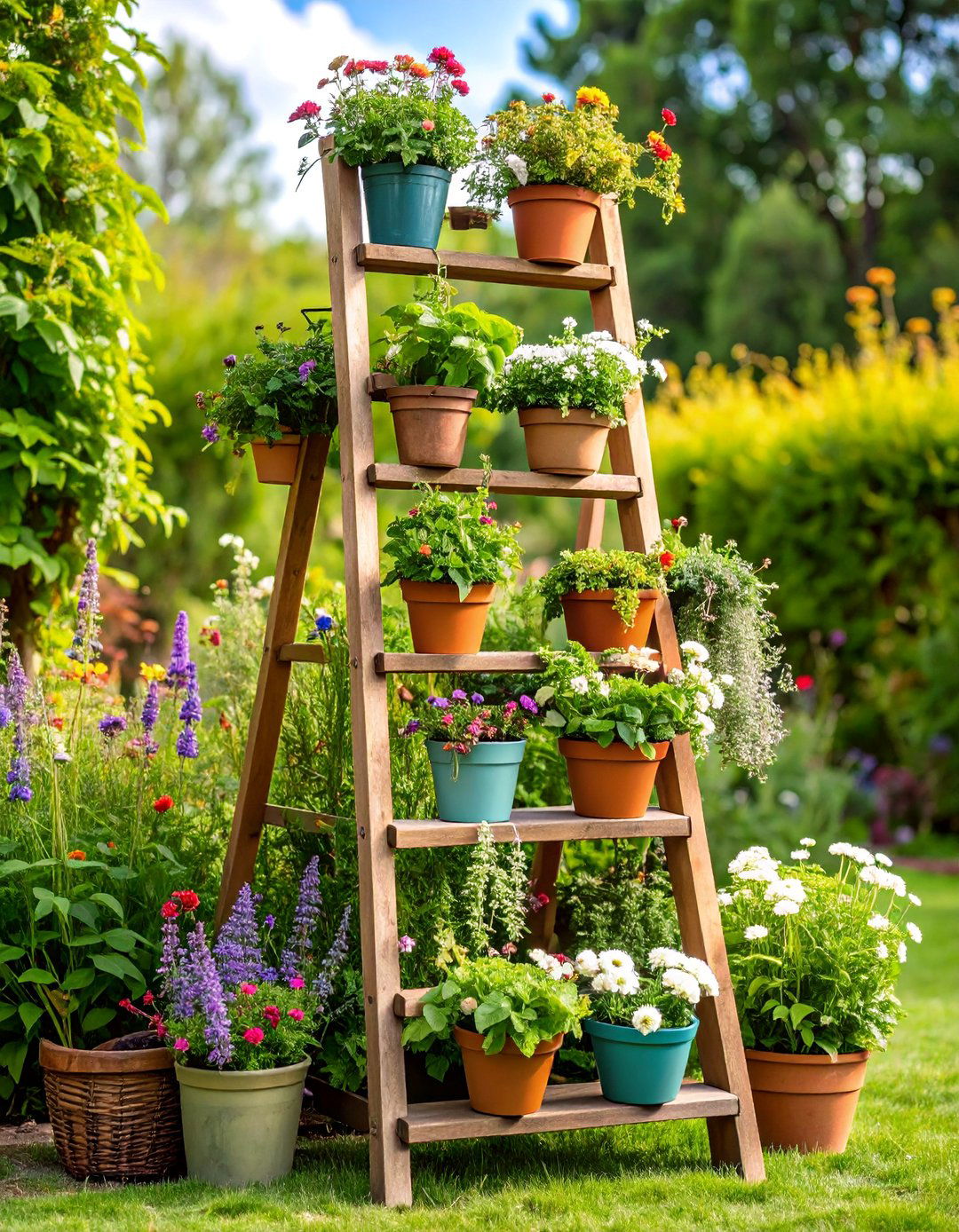Wooden Ladder Vertical Garden with Tiered Planters - 25 Vertical Garden Ideas