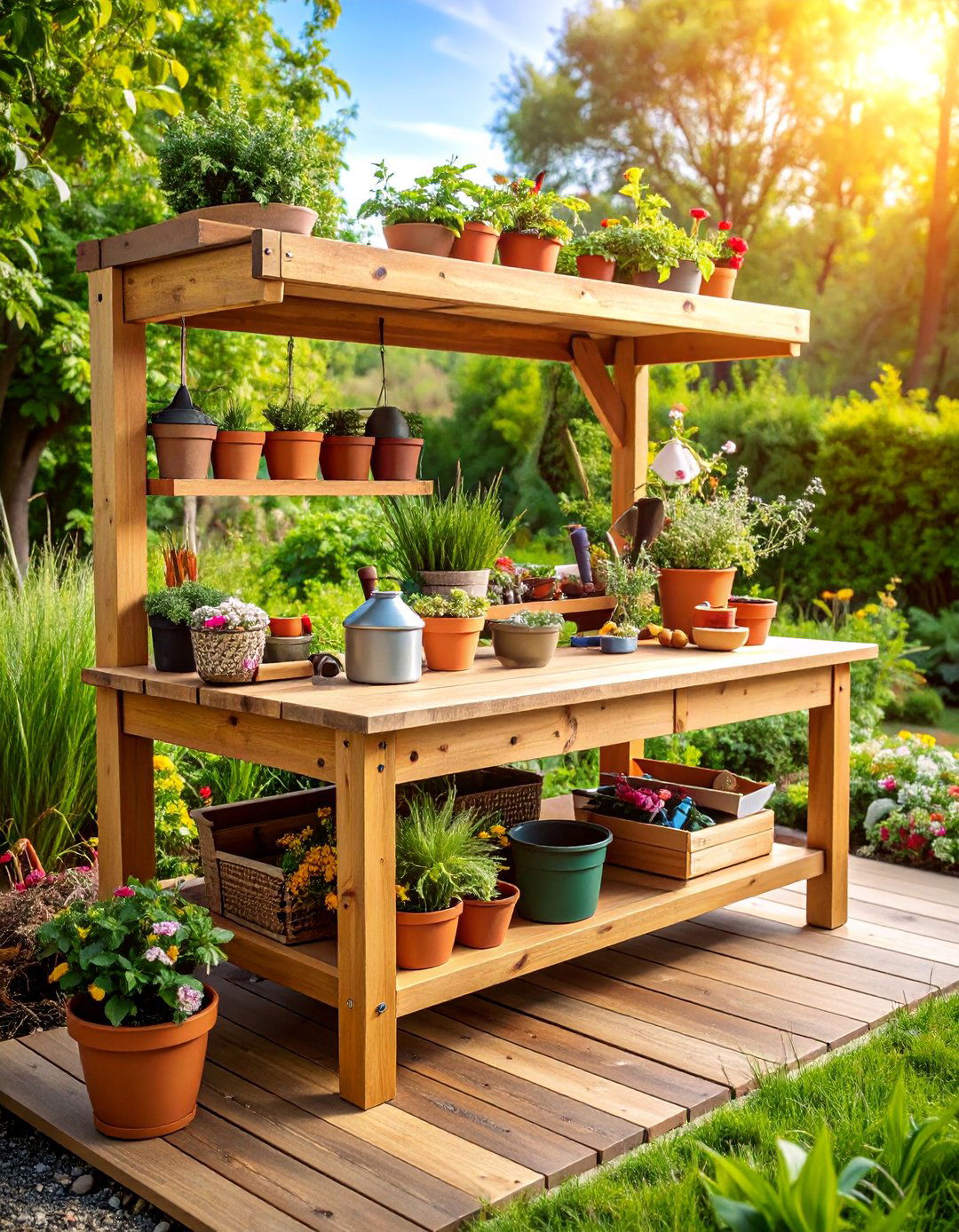 Wooden Potting Bench with Integrated Tool Storage - 25 Outdoor Storage Ideas