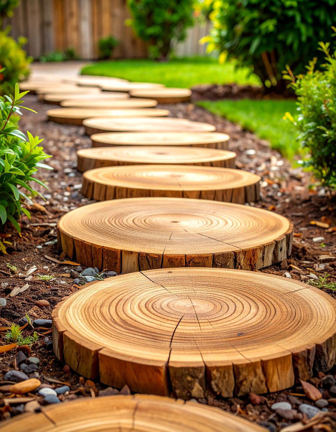 Wooden Round Stepping Stones with Mulch Base - 25 Farmhouse Walkway Ideas