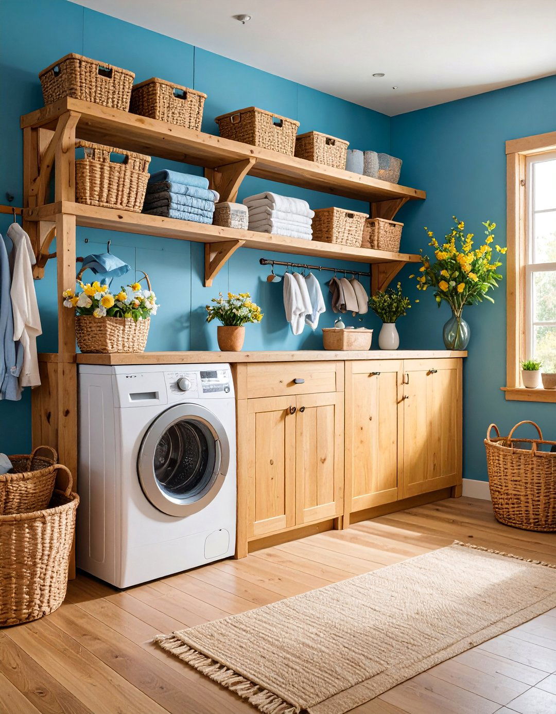 Wooden Rustic Shelving with Baskets - 25 Laundry Room Shelving Ideas