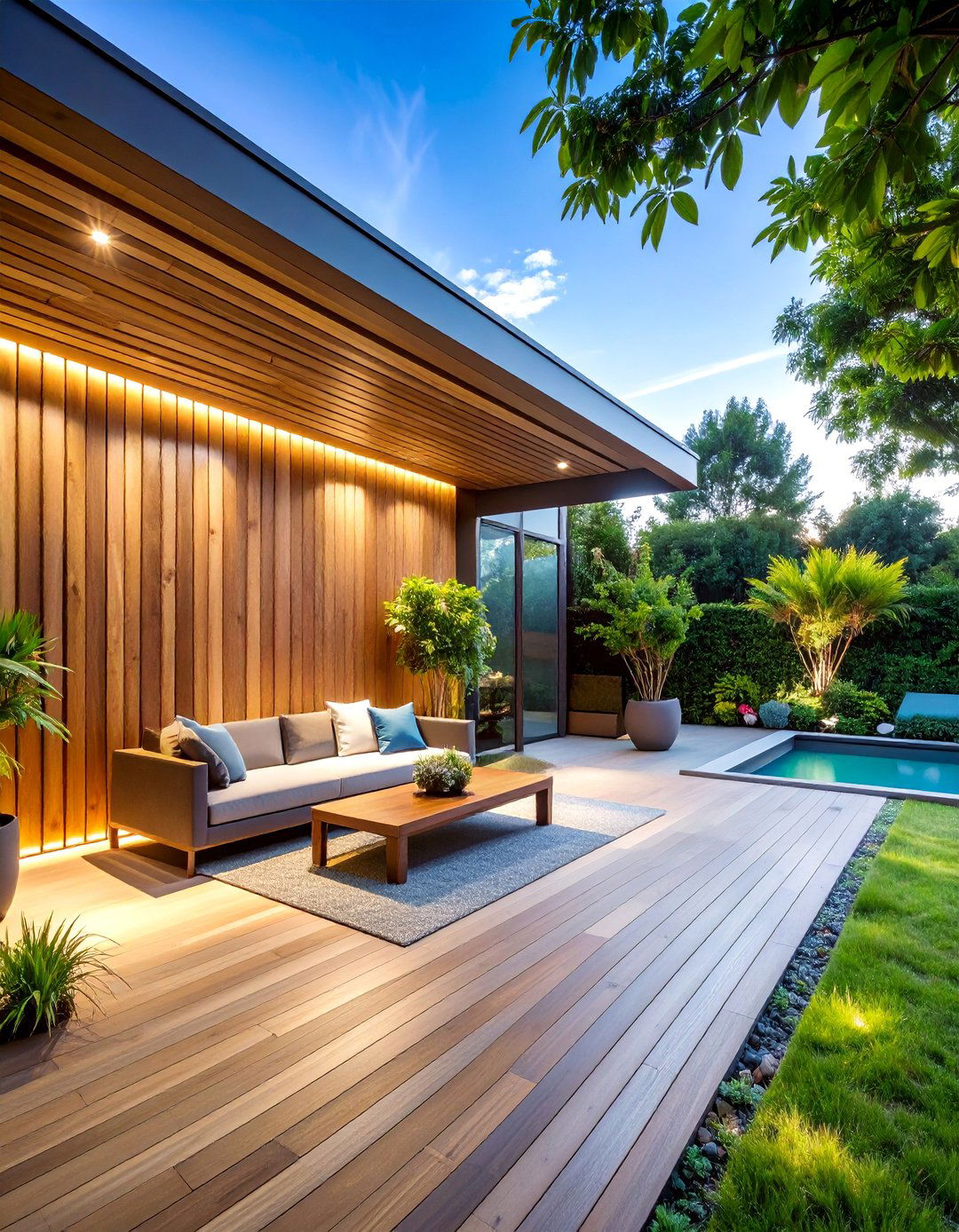 Wooden Slat Wall with Integrated Smart Lighting Control - 25 Patio Wall Ideas