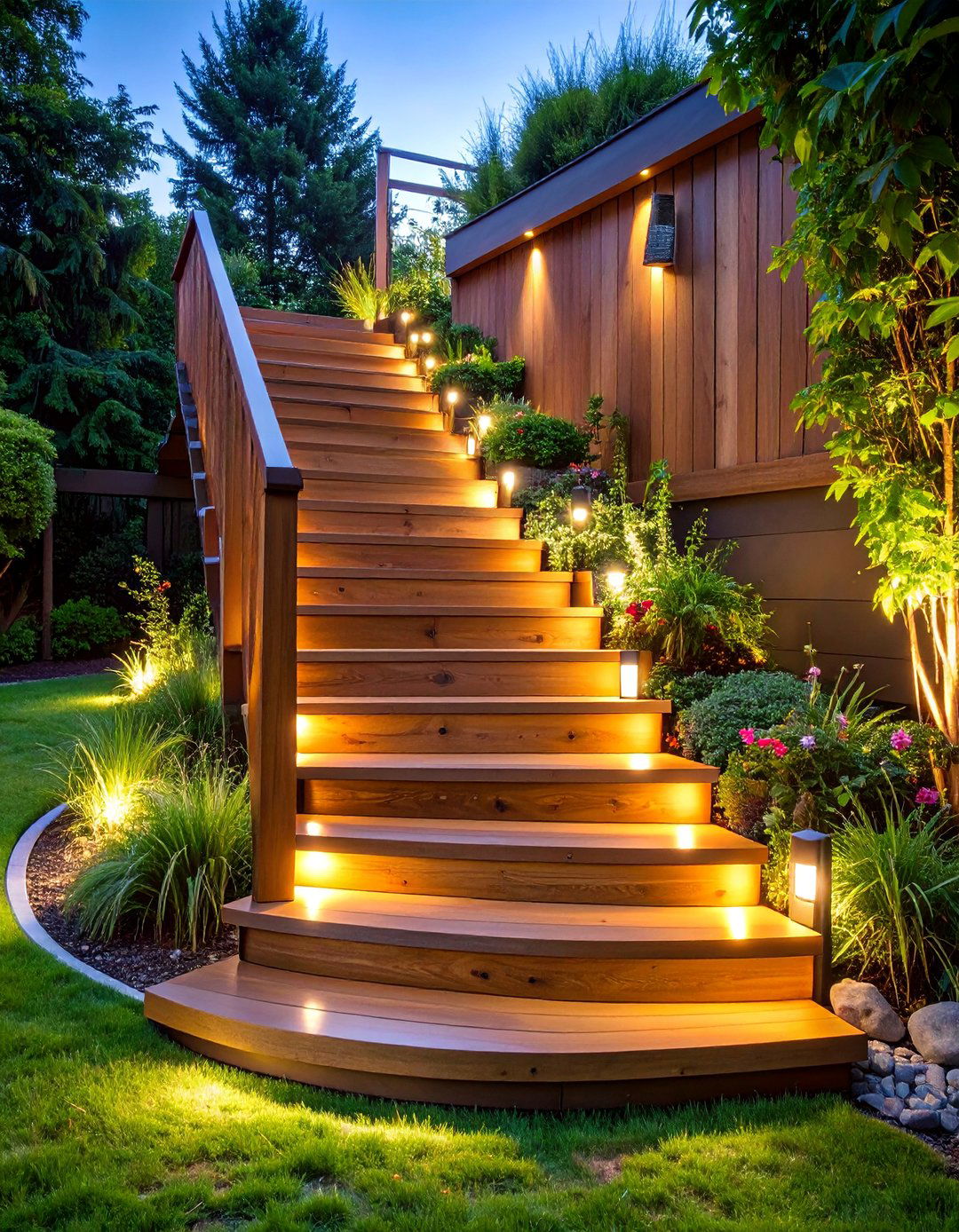 Wooden Stairway with Integrated Lighting and Landscaping - 25 Sloped Walkway Ideas
