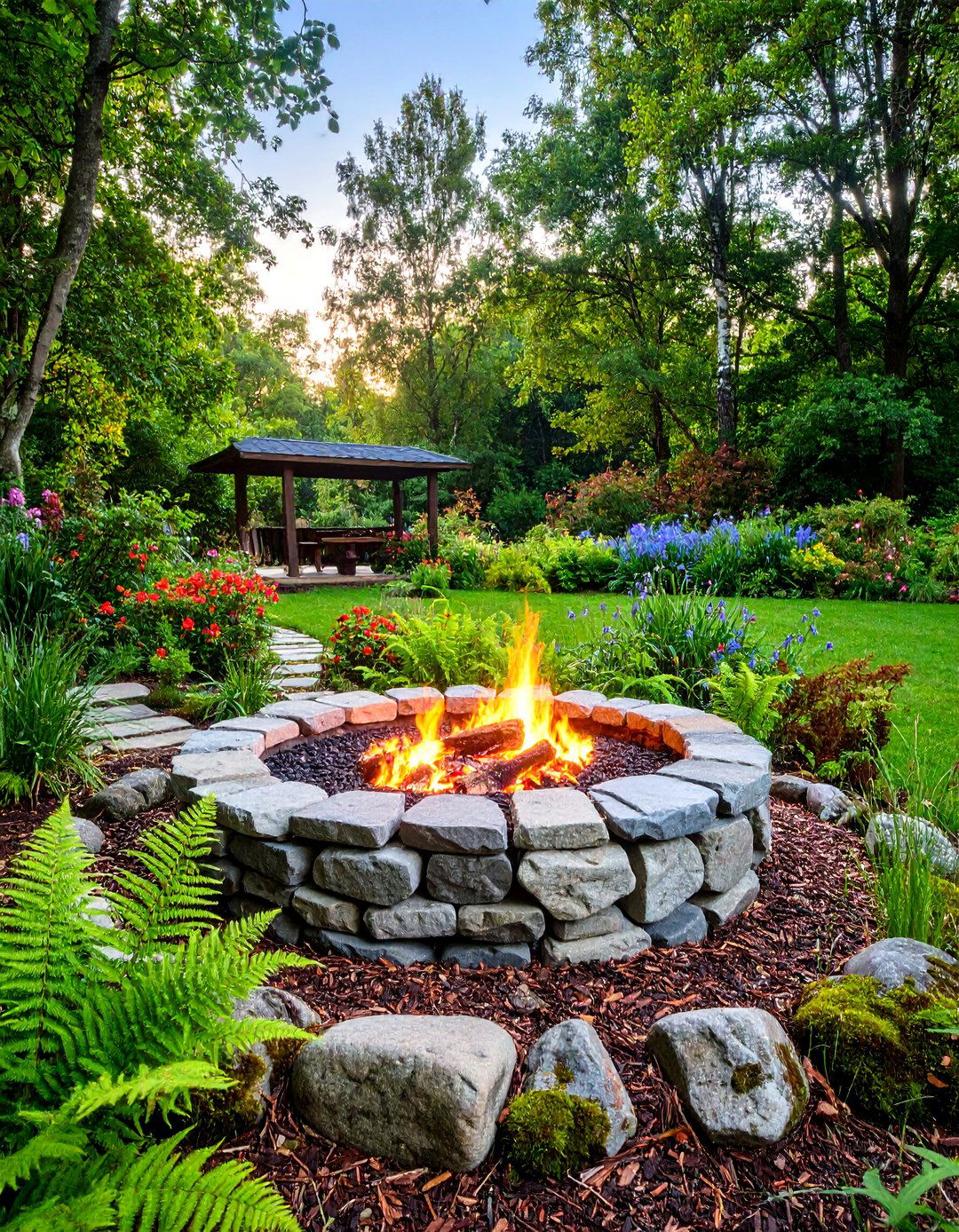 Woodland Fire Pit with Fern Garden Understory - 25 Backyard Fire Pit Ideas Landscaping