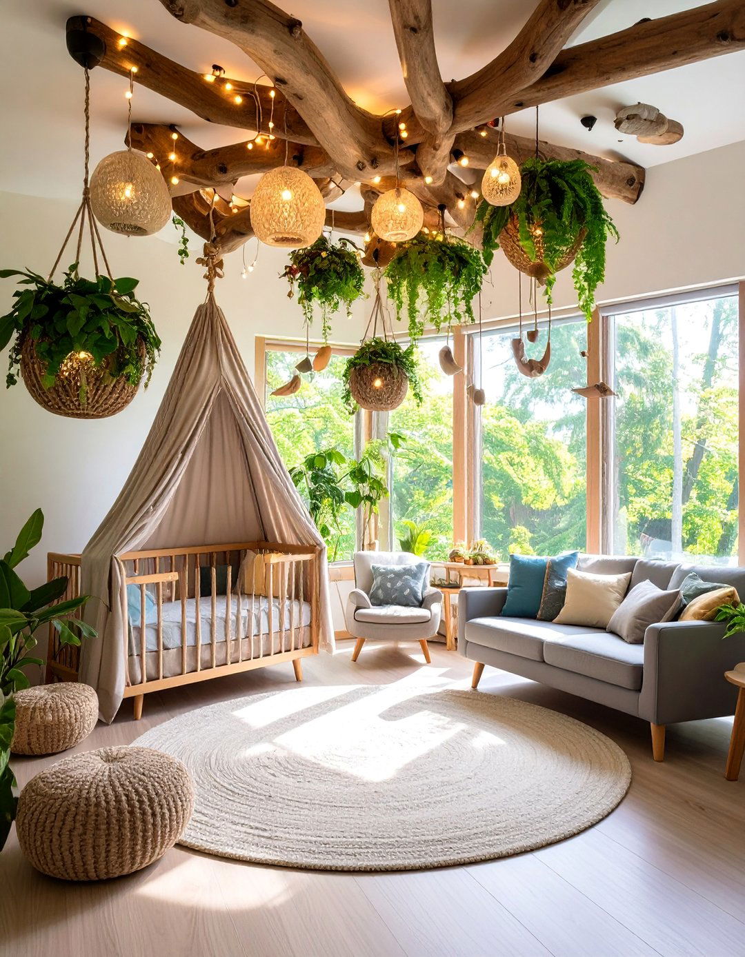 Woodland Nursery with Tree Branch Ceiling Installation - 25 Woodland Nursery Ideas