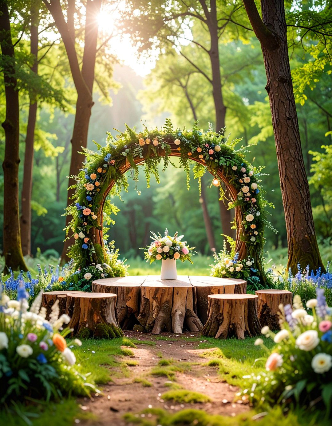 Woodland Wedding Altar with Moss and Tree Branches - 25 Wedding Altar Ideas