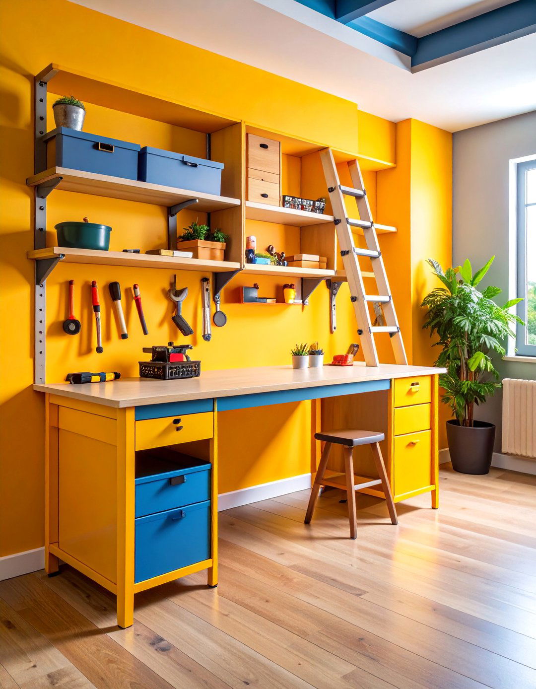 Workbench Integrated Ladder Storage Compartment - 25 Ladder Storage Ideas