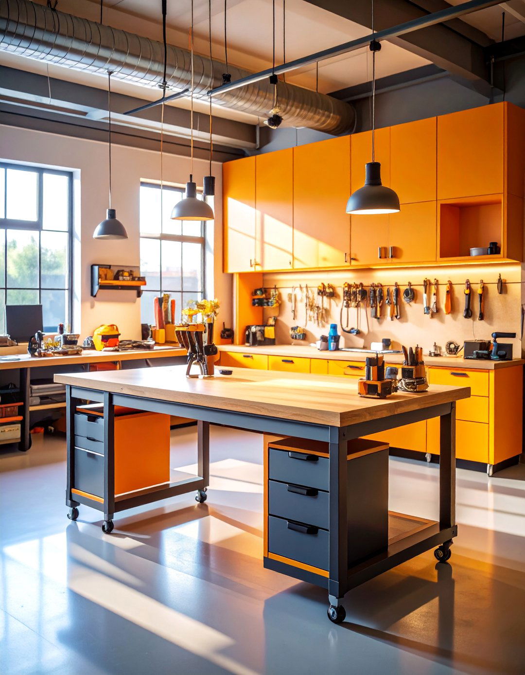 Workbench Integrated Tool Storage with Power Distribution - 25 Power Tool Storage Ideas