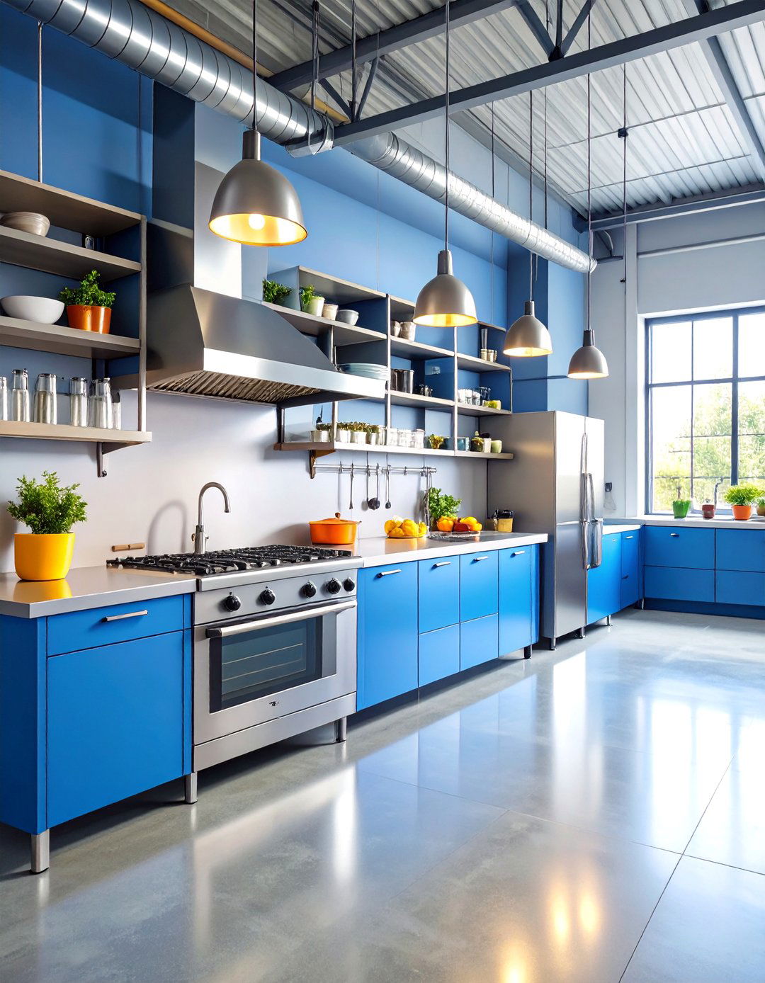 Workshop Style Kitchen with Open Steel Shelving - 25 Industrial Decor Ideas