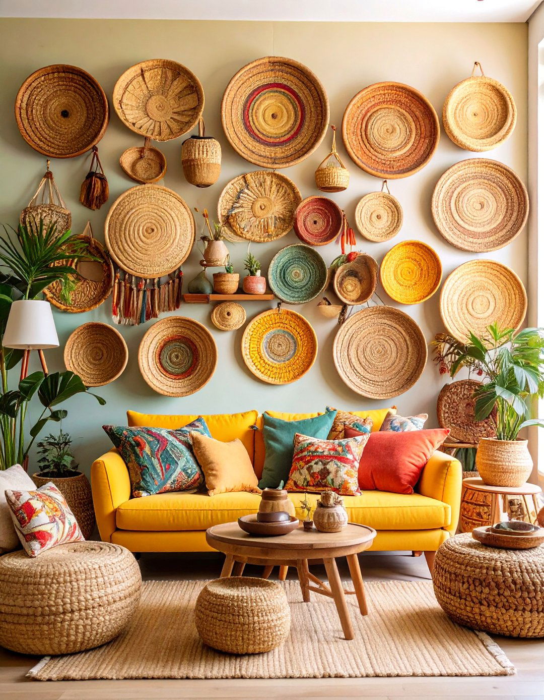 Woven Basket Wall Collection with Global Influence - 25 living room wall decor ideas