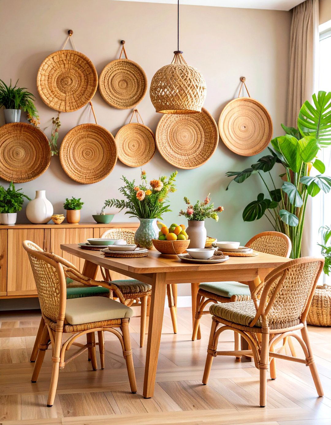 Woven Basket Wall Display Arrangement - 25 Farmhouse Wall Decor Ideas