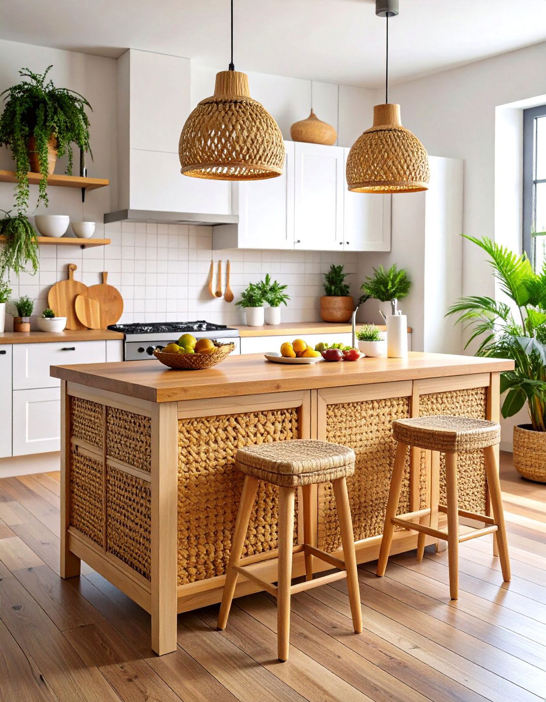 Woven Rattan Panel Kitchen Island with Tropical Texture - 25 Kitchen Island Back Panel Ideas