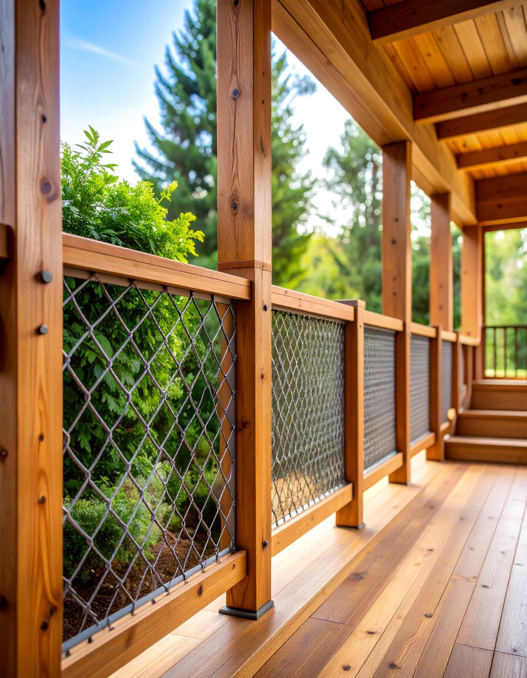 Woven Wire Mesh with Cedar Post Construction - 25 Farmhouse Rustic Stair Railing Ideas
